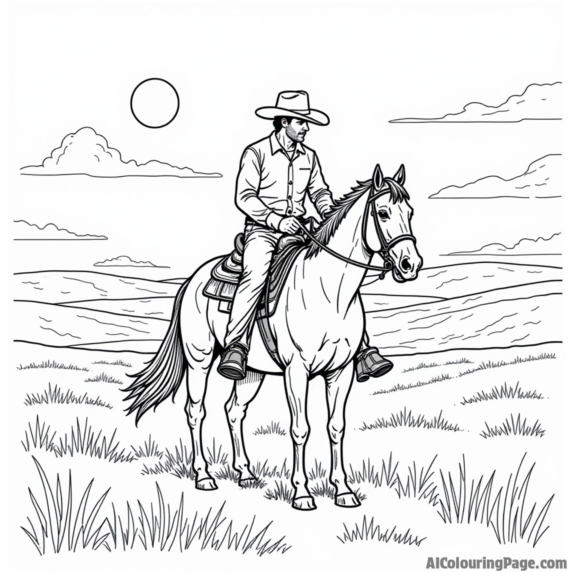 A cowboy riding a horse through a Nebraska prairie with rolling hills and a bright sun in the background.