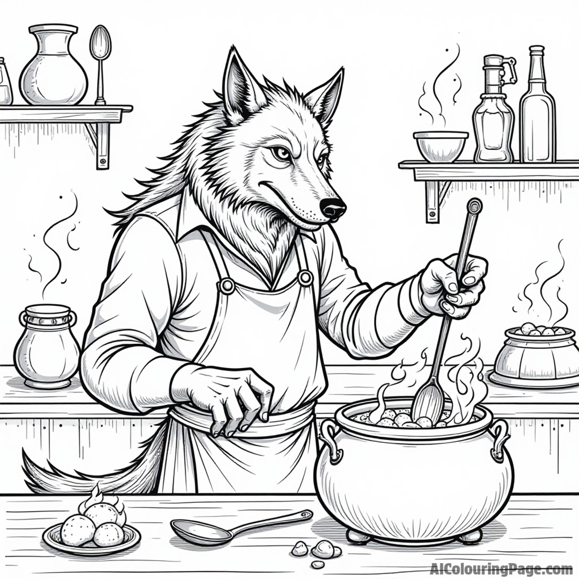 A werewolf chef cooking in a magical kitchen with floating utensils and a cauldron bubbling with colorful potions.