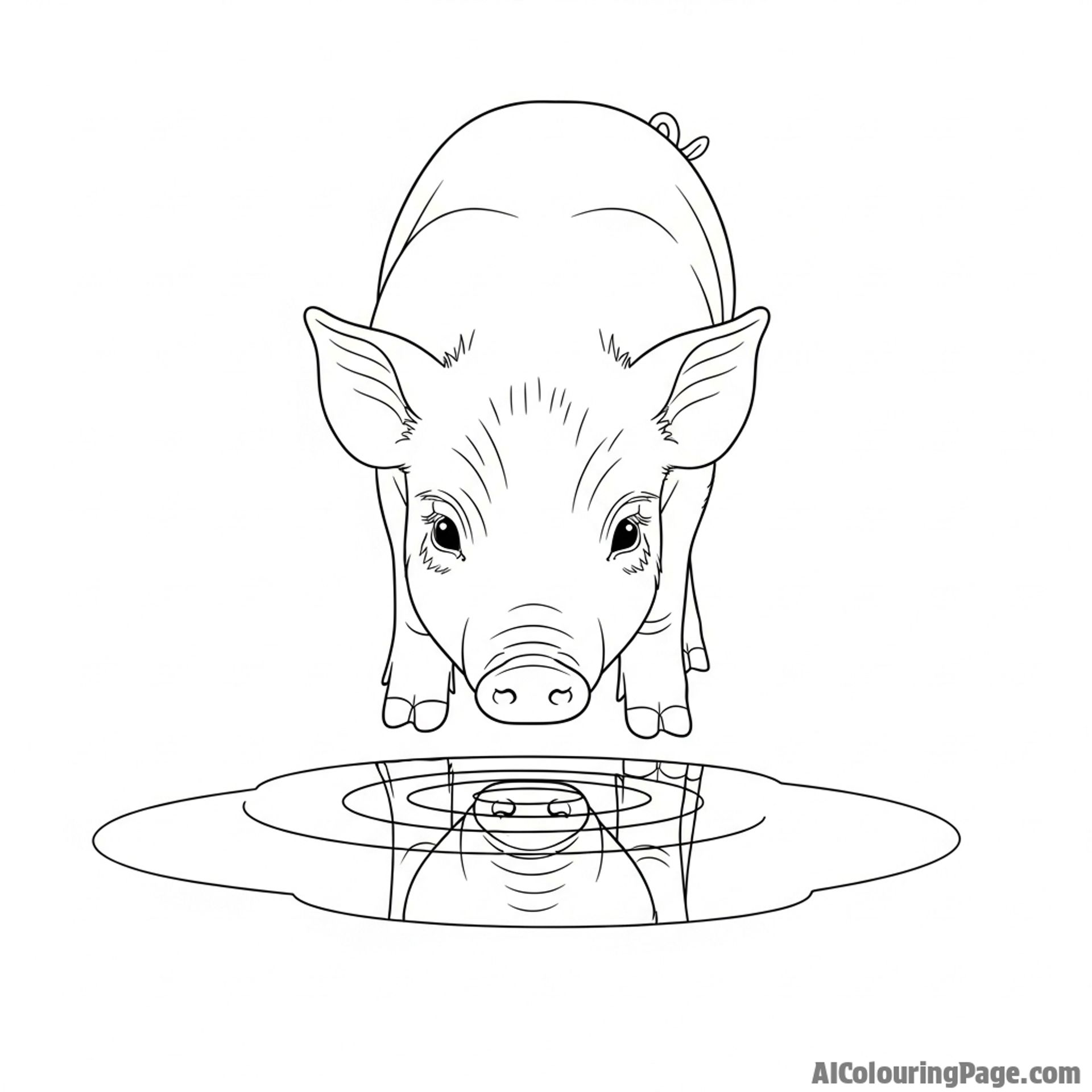 A piglet discovering its reflection in a clear puddle for the first time.