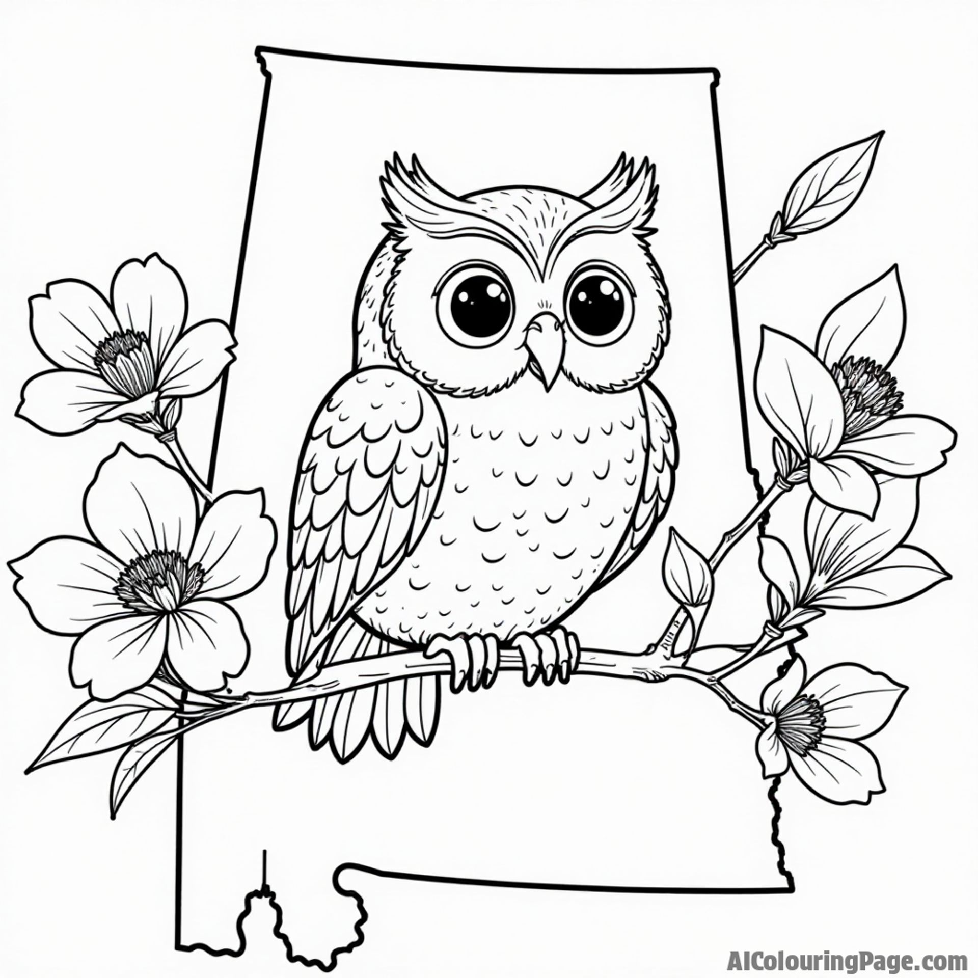 Alabama state outline with a friendly owl perched on a branch, surrounded by blooming magnolias, perfect for coloring fun.