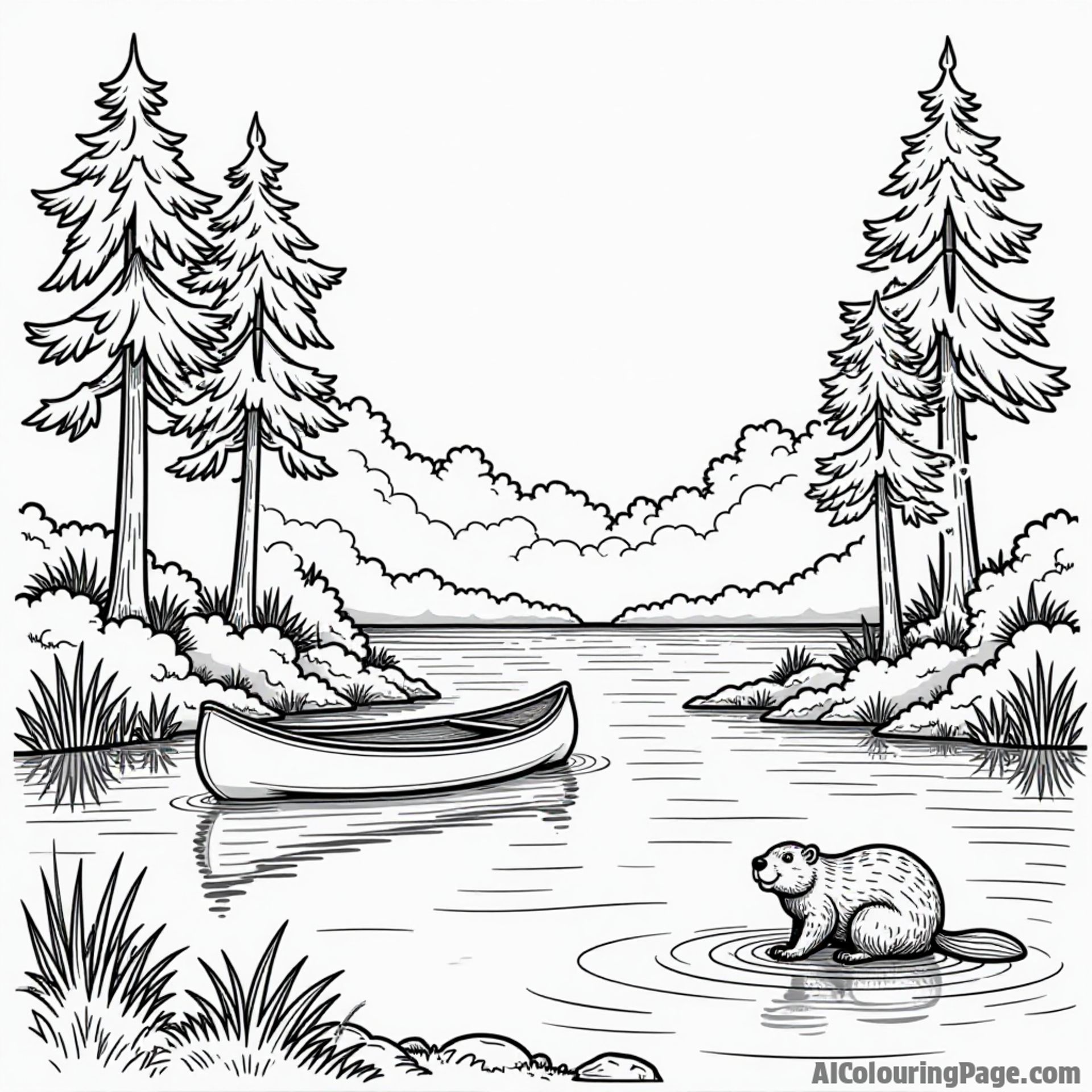 Cheerful Alabama river scene featuring a canoe, tall pine trees, and a beaver building a dam along the shore.