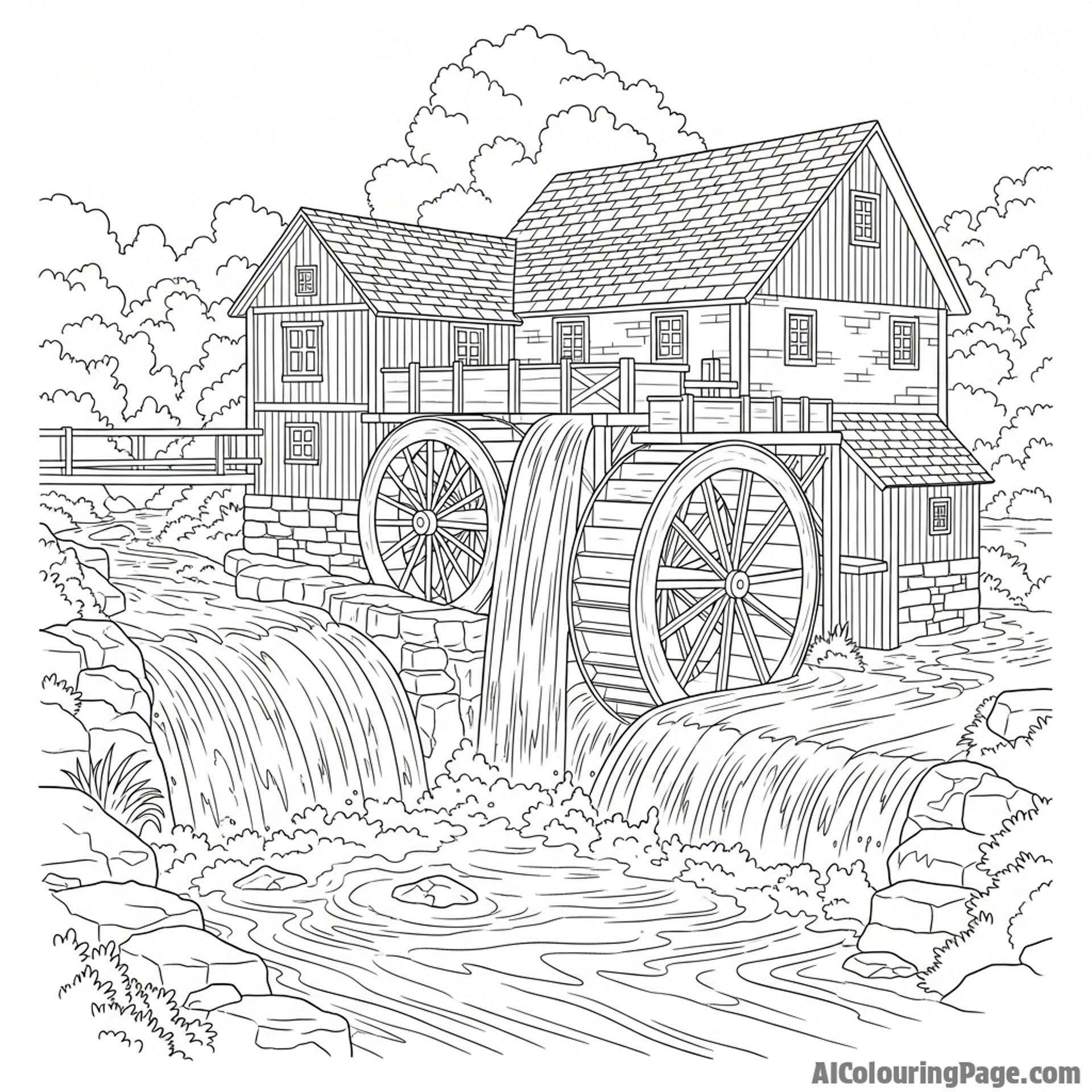 A cascading waterfall powering an old watermill.