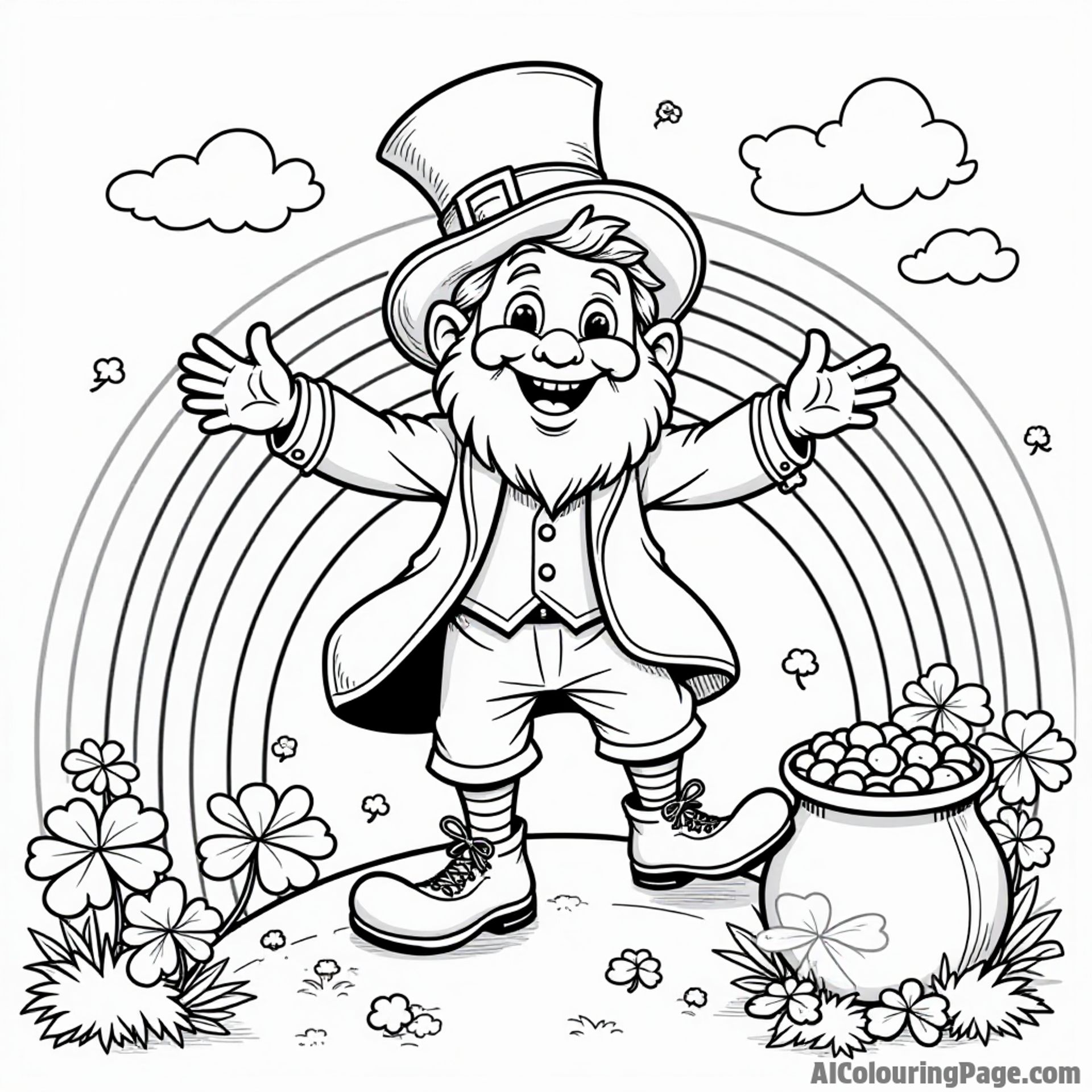 A cheerful leprechaun dancing on a rainbow with a pot of gold and playful shamrocks surrounding him in a garden.