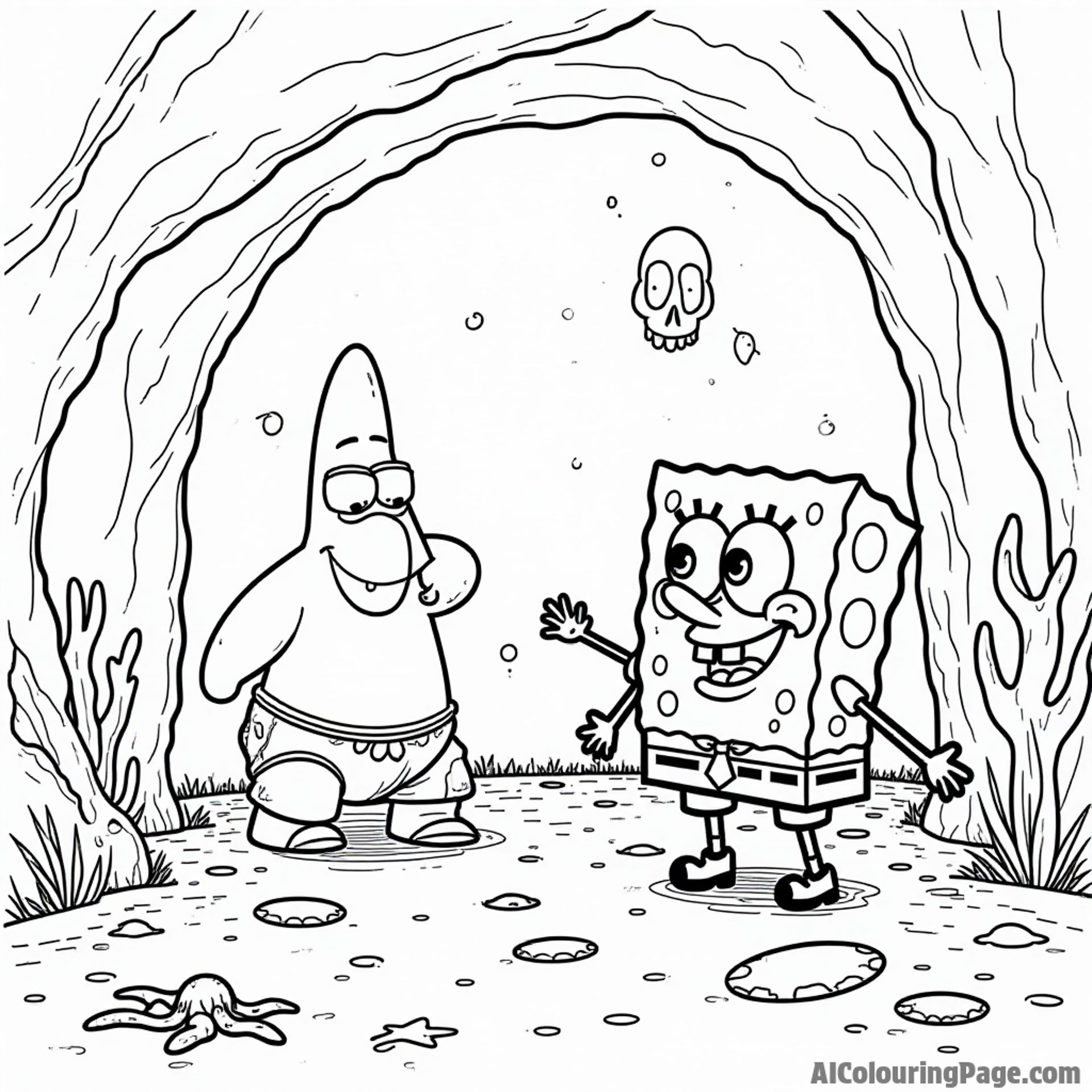 SpongeBob and Patrick exploring a spooky cave filled with glowing sea creatures and treasure chests waiting to be discovered