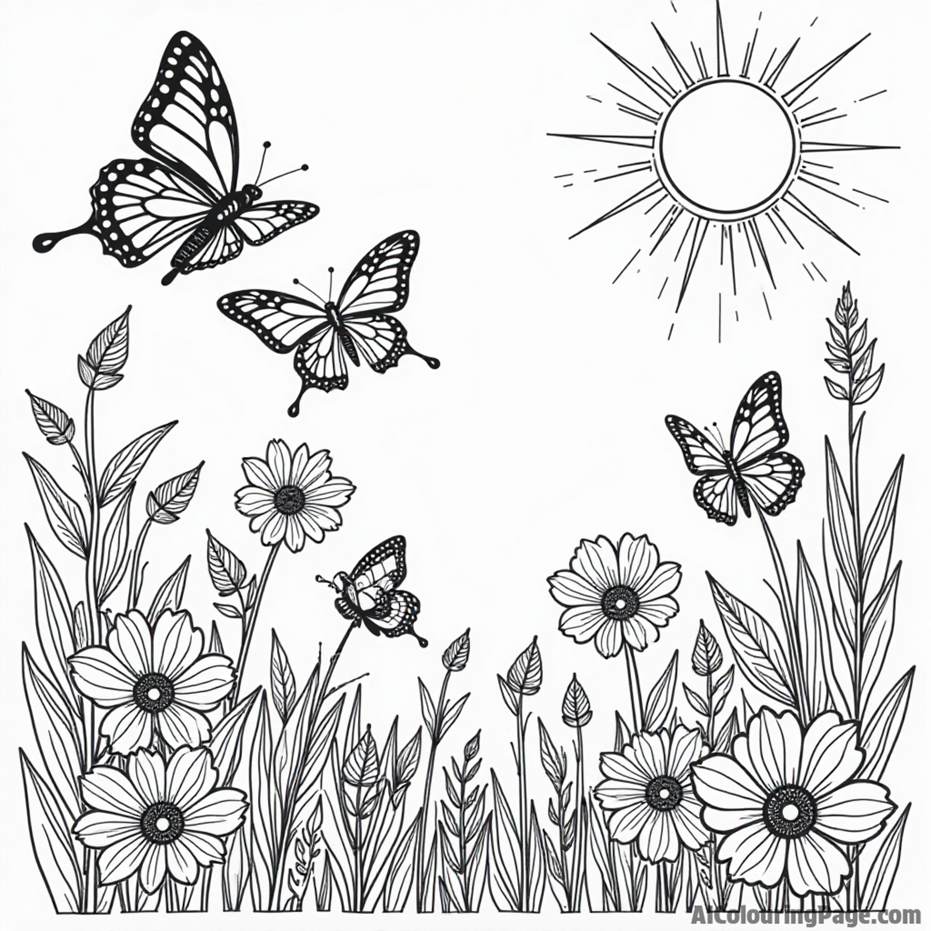 A lovely butterfly garden with various butterflies, flowers, and a sun shining bright, inviting creativity and imagination.
