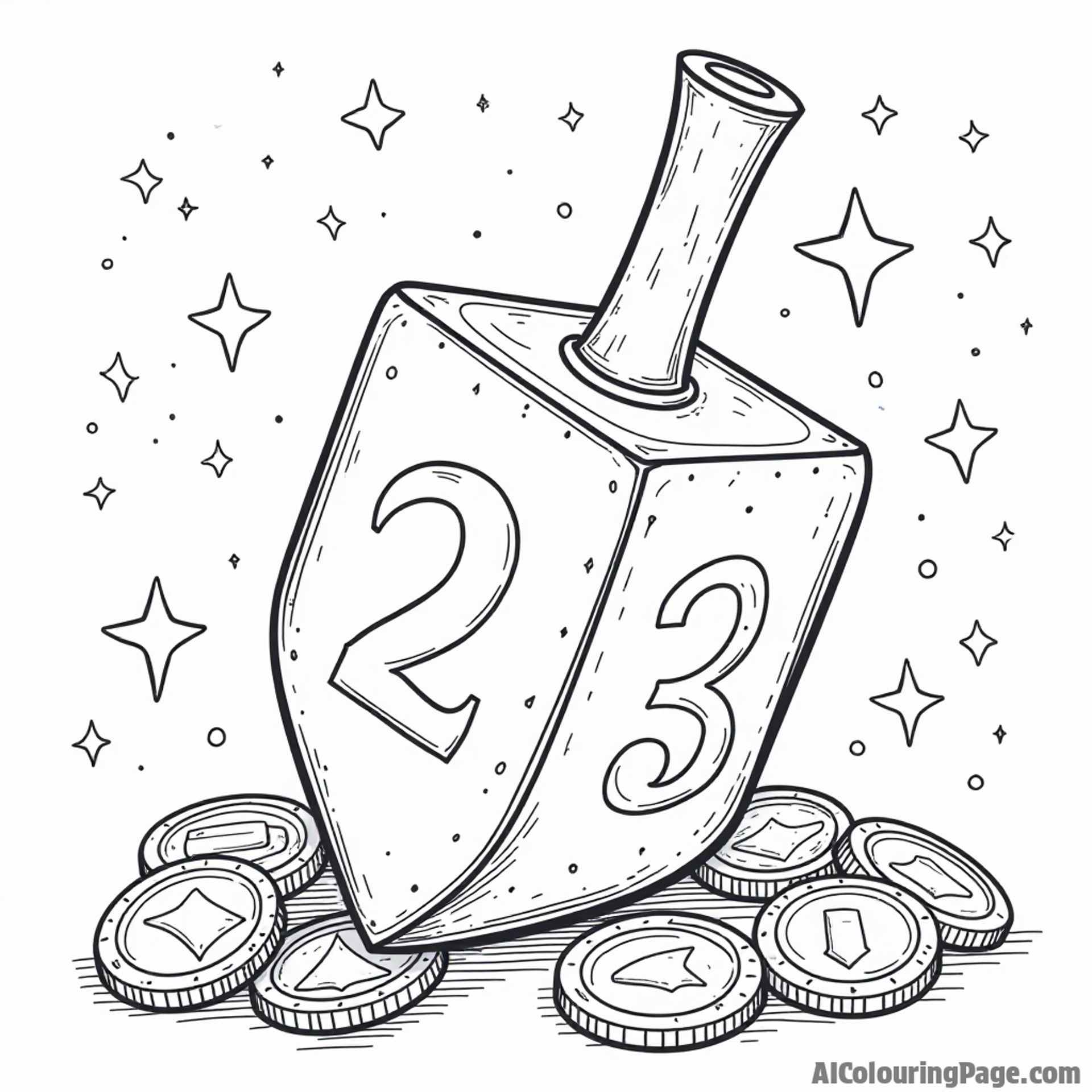 A large dreidel surrounded by sparkling stars and gelt coins, inviting children to color in the festive spirit of Hanukkah with their imagination and creativity.