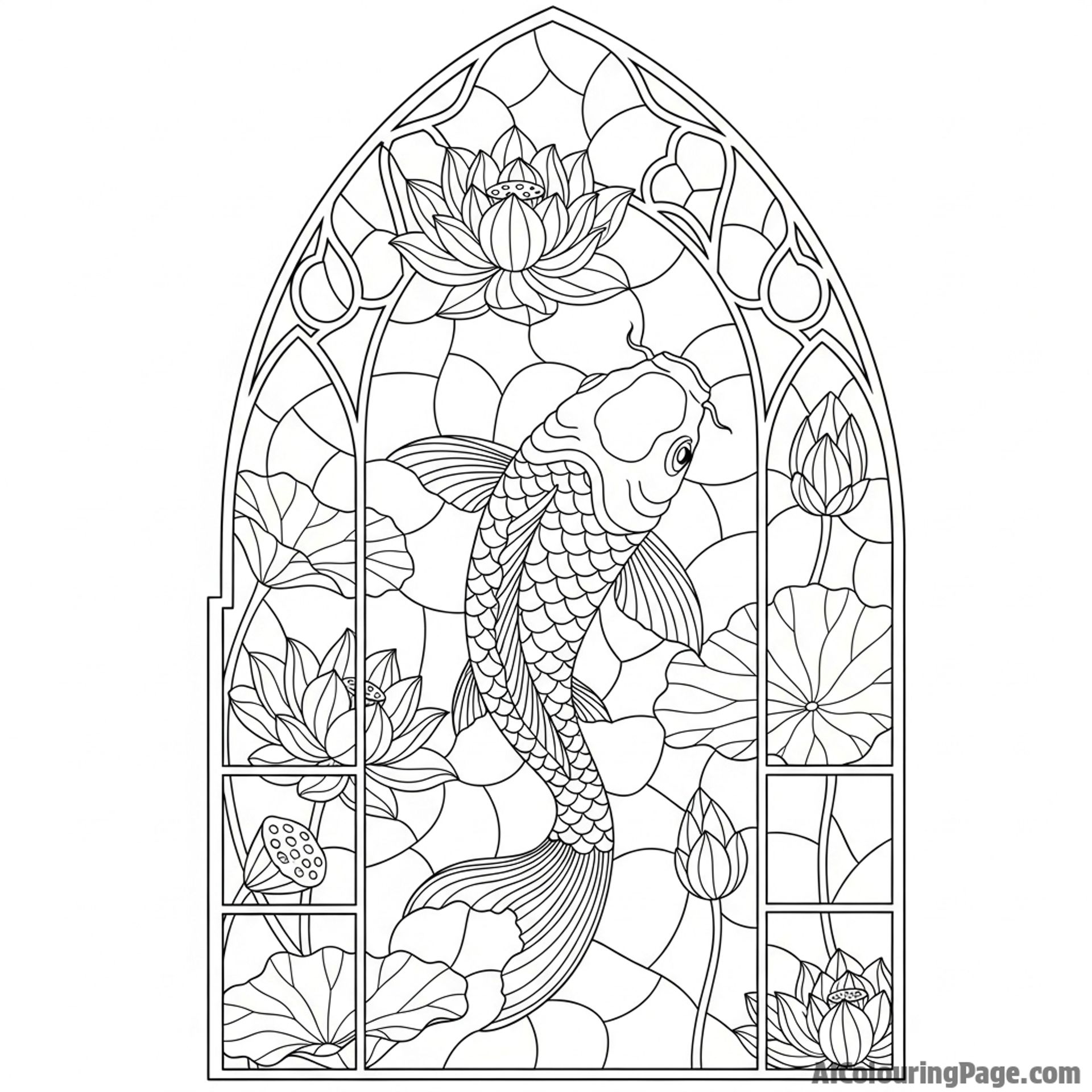 A stained glass window design of a koi fish among stylized lotus flowers.