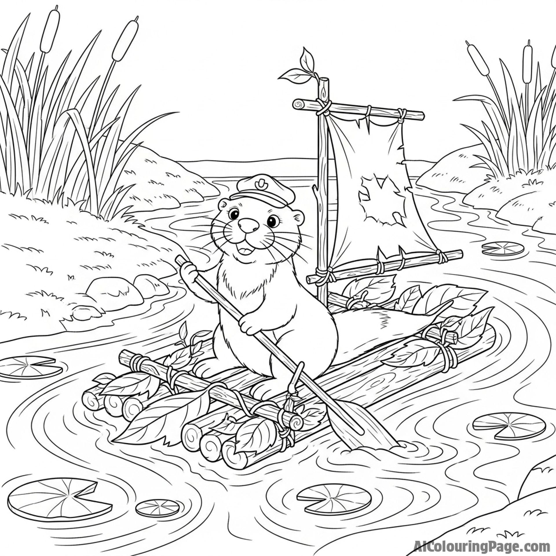 An otter navigating a small, handcrafted raft down a stream.