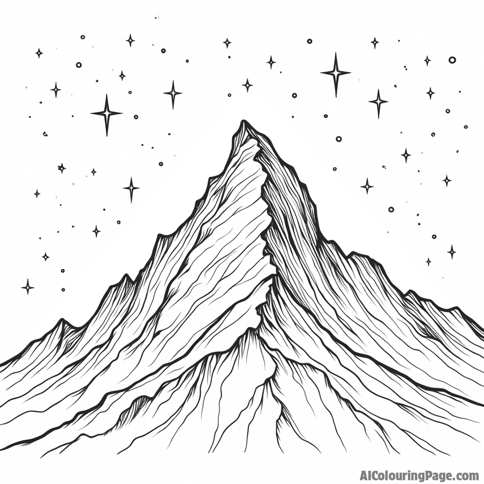 A towering mountain silhouetted against a star-filled night sky.