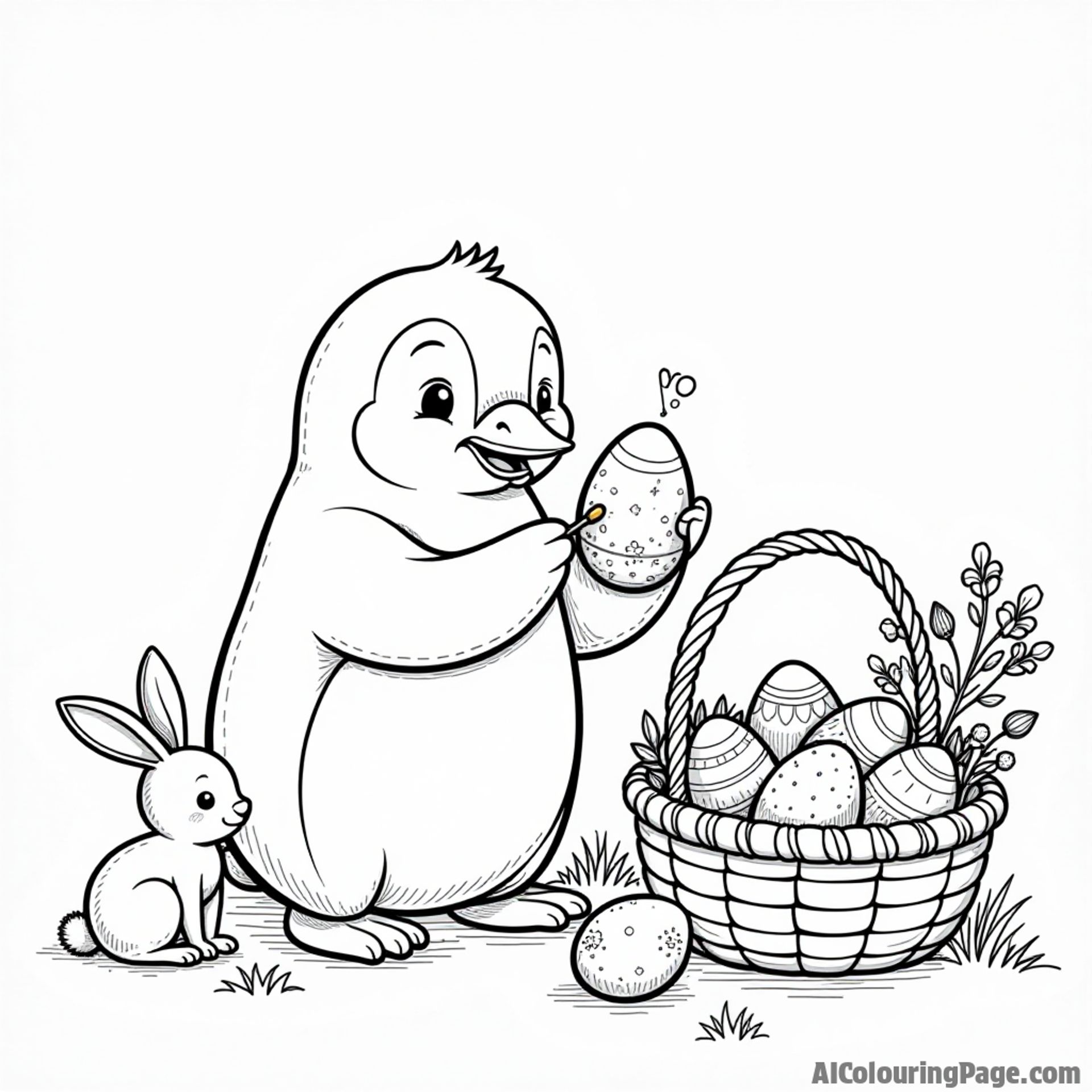 A penguin painting colorful eggs for Easter with a bunny and a basket filled with flowers beside them.