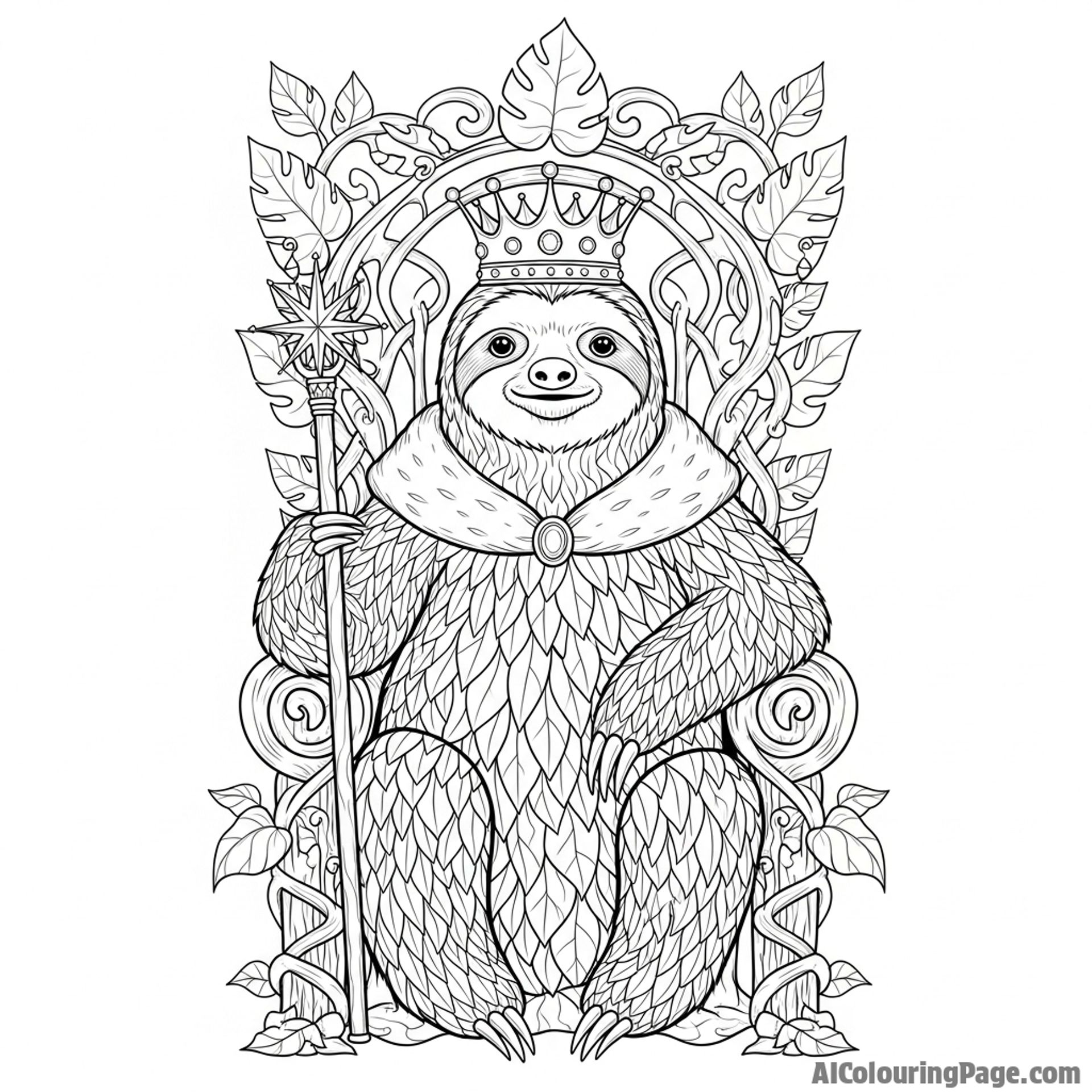 A sloth as a king, sitting on a throne made of intertwined vines.