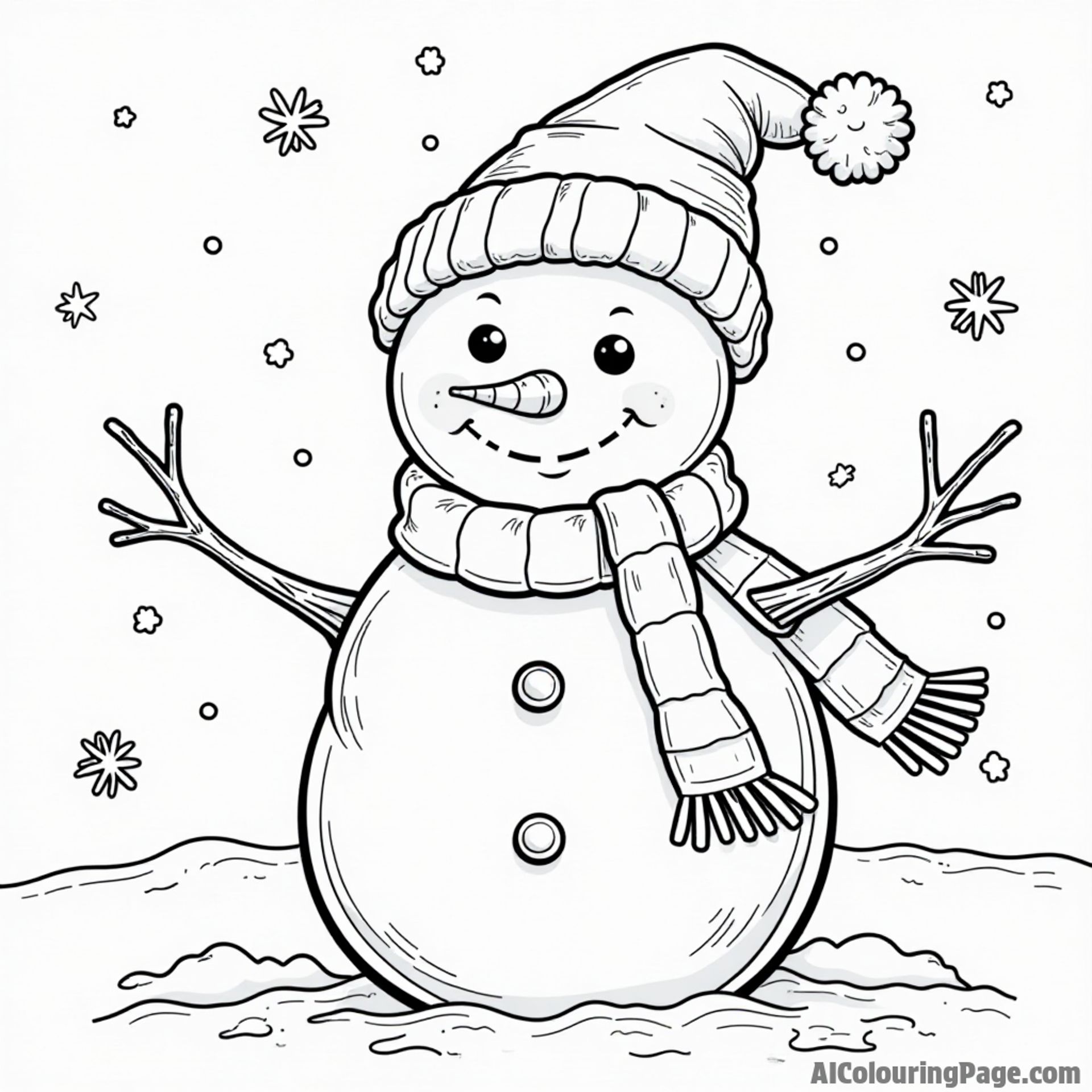 A lovely snowman wearing a scarf and hat, with a carrot nose, standing in a winter wonderland filled with snowflakes.