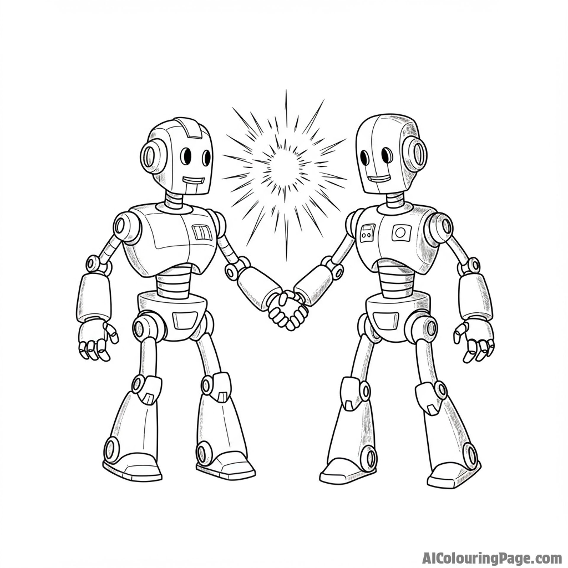 Two robots holding hands, sparks flying between them.