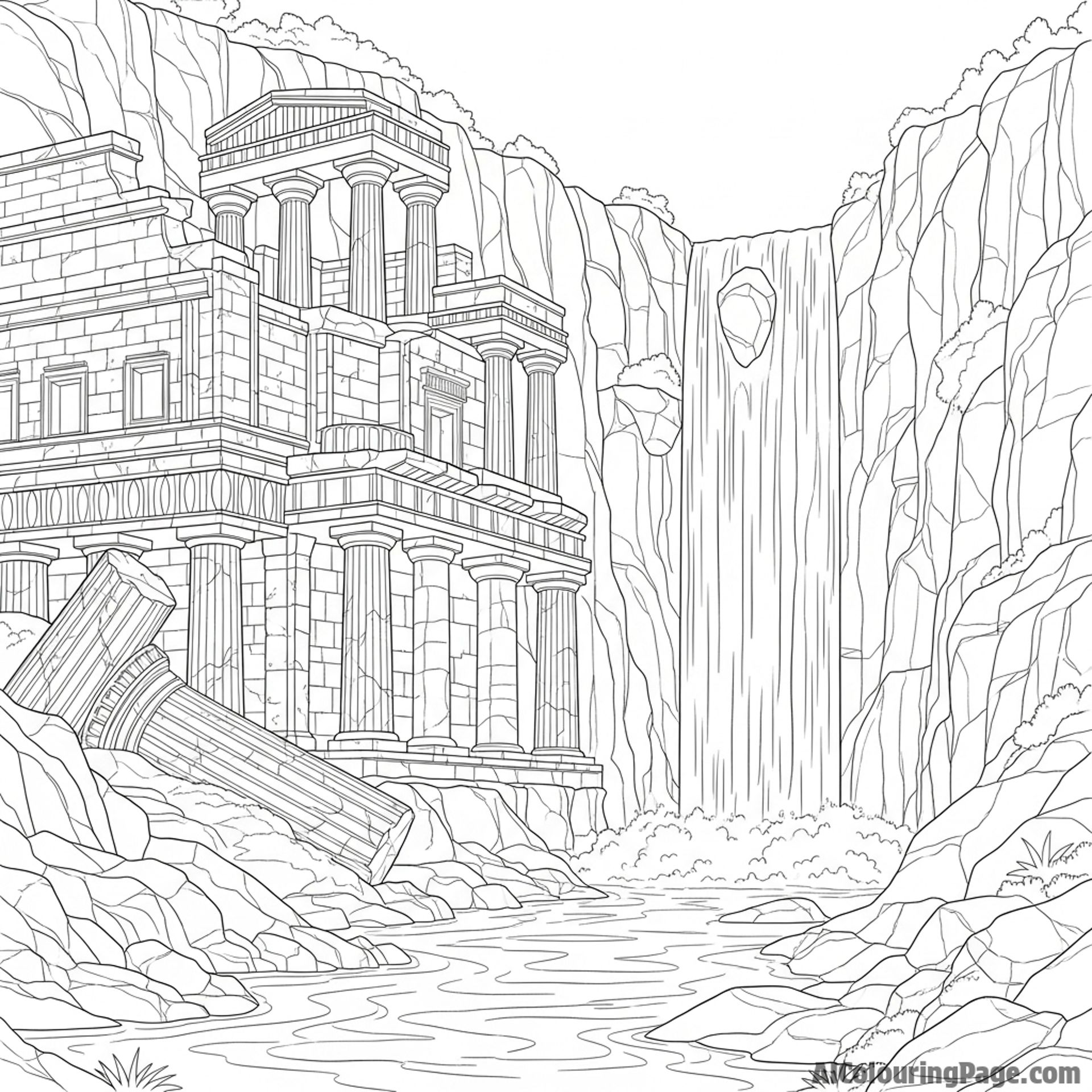 A waterfall located near ancient ruins.
