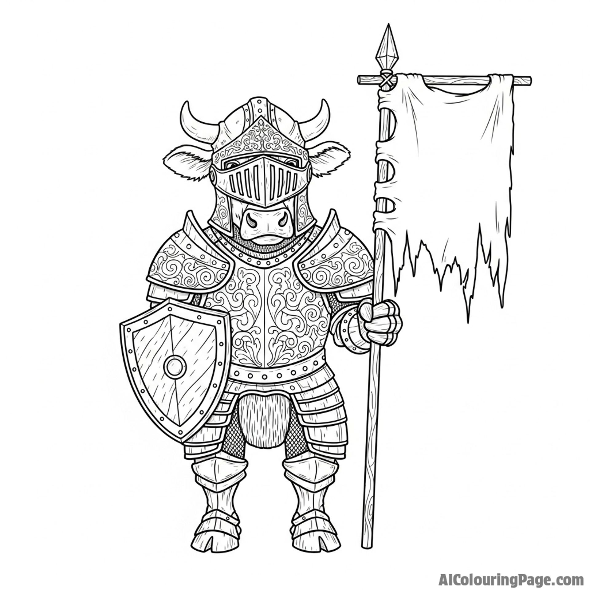 A cow knight in intricately engraved plate armor, holding a tattered banner.