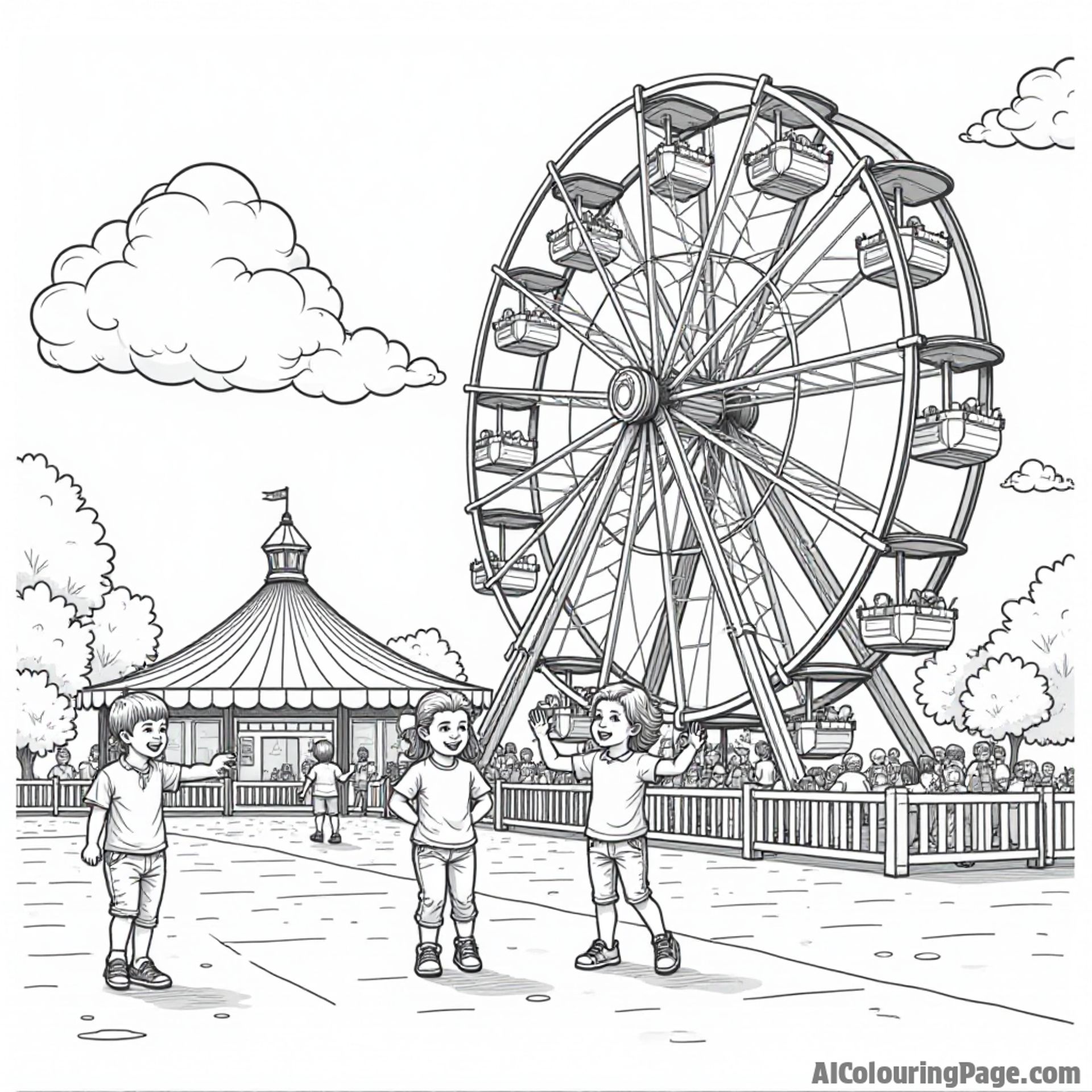 An exciting scene of the Delaware state fair with a Ferris wheel, cotton candy, and cheerful kids enjoying themselves.