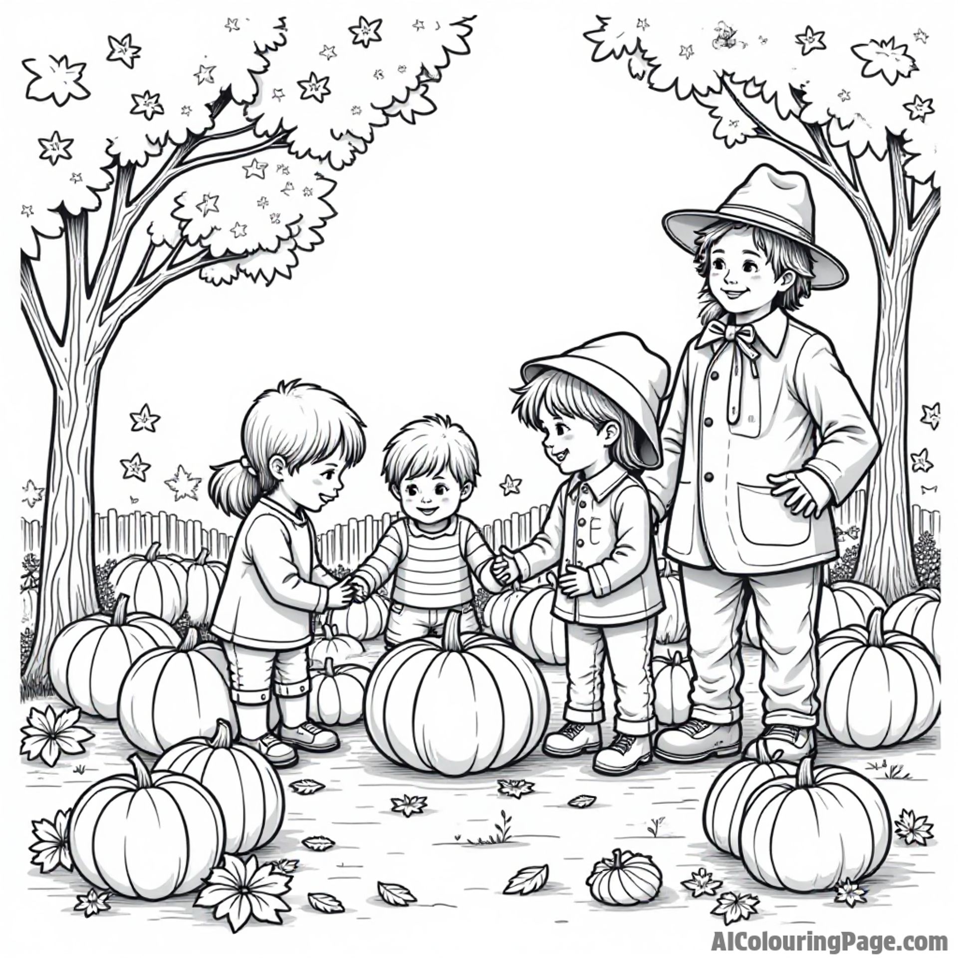 A cozy pumpkin patch with children picking pumpkins, surrounded by colorful autumn leaves and a scarecrow smiling nearby.