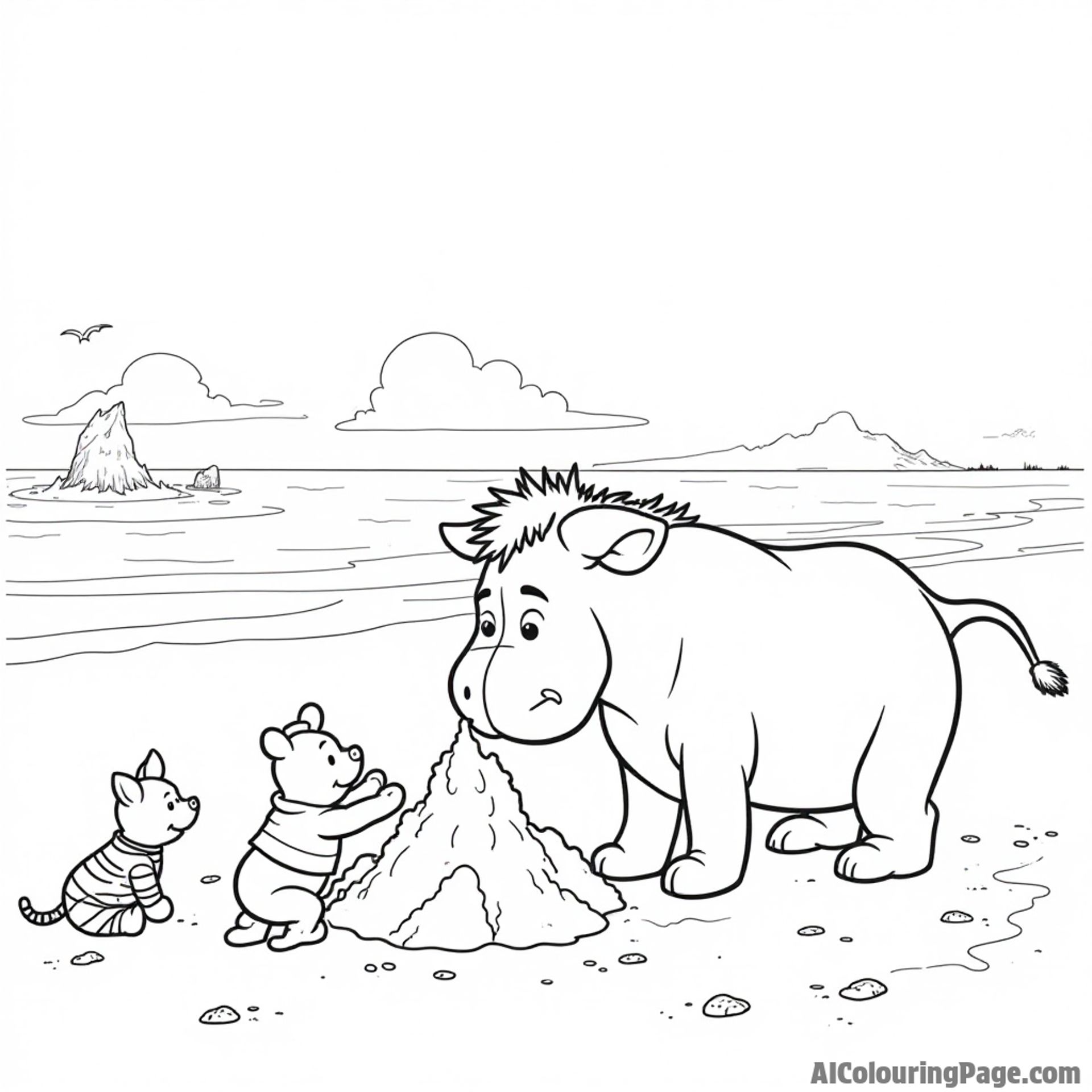 Eeyore building a sandcastle at the beach, with Pooh and Piglet helping him, while Tigger splashes in the waves.