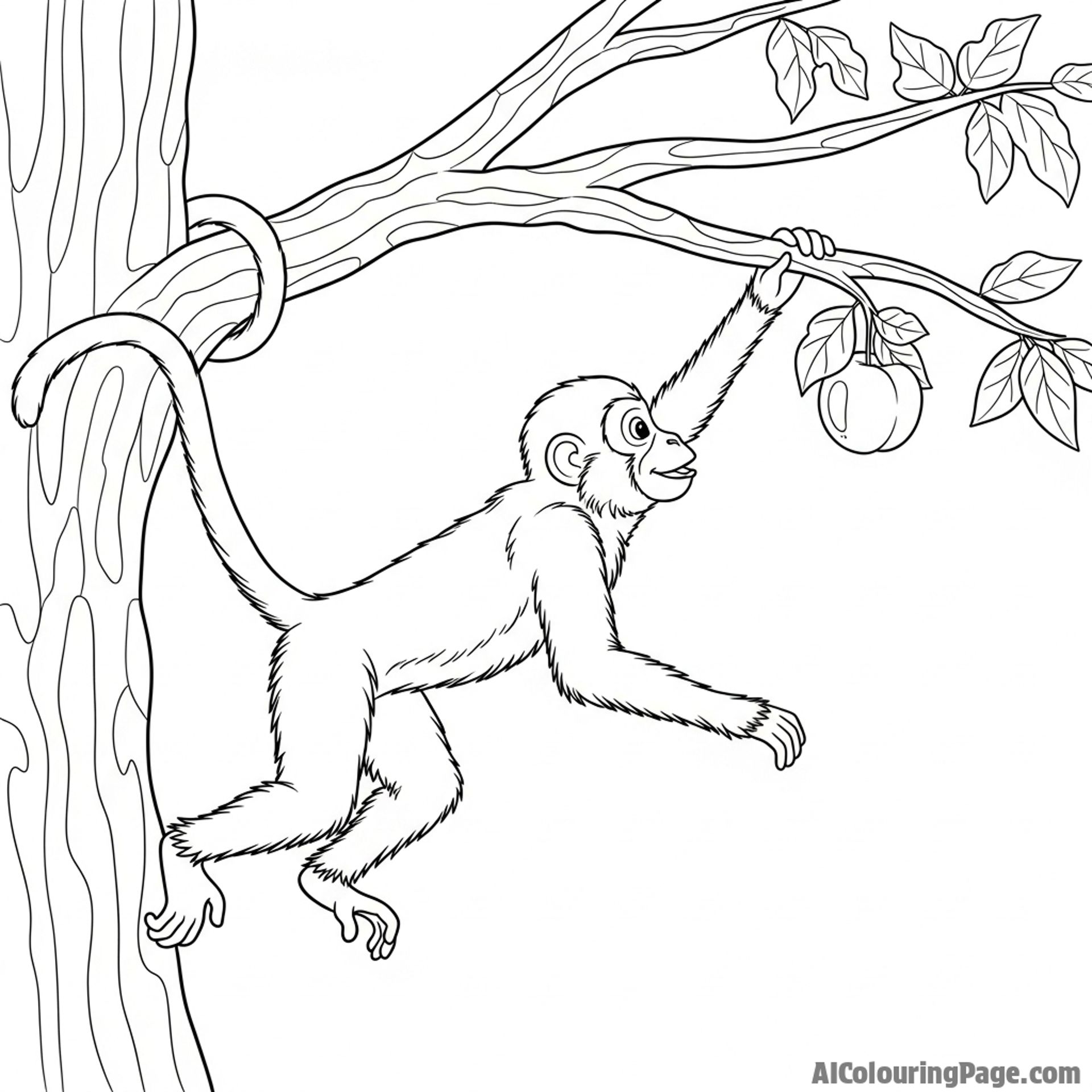 A monkey reaching for a piece of fruit in a tree.