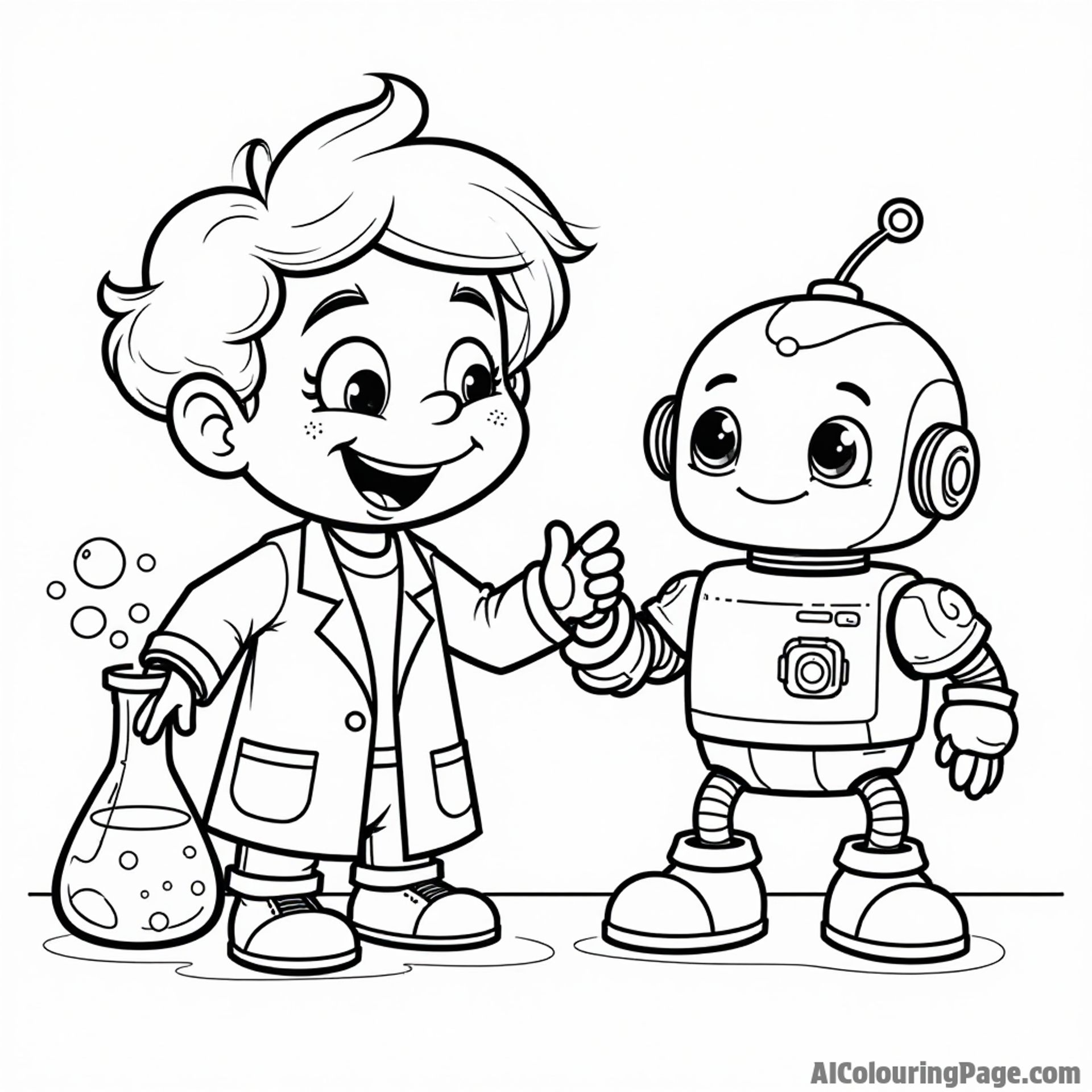 A fun science lab with a cheerful scientist character, playful beakers bubbling, and a happy robot assisting with experiments.
