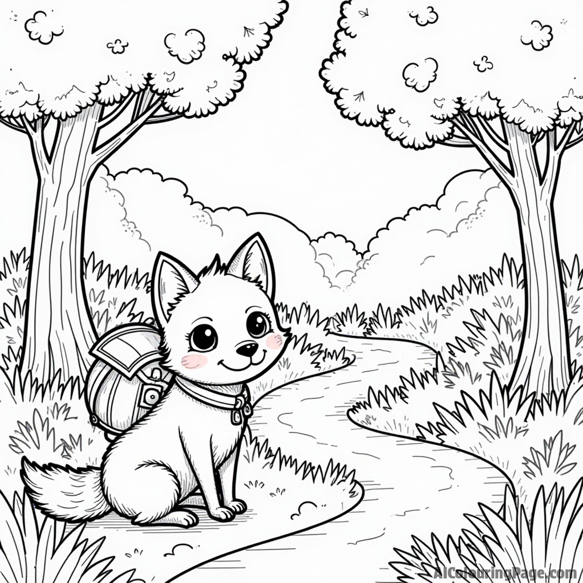 A whimsical scene with a compass, a cheerful fox wearing a backpack, and a winding path through a magical forest, perfect for sparking creativity in young colorists.