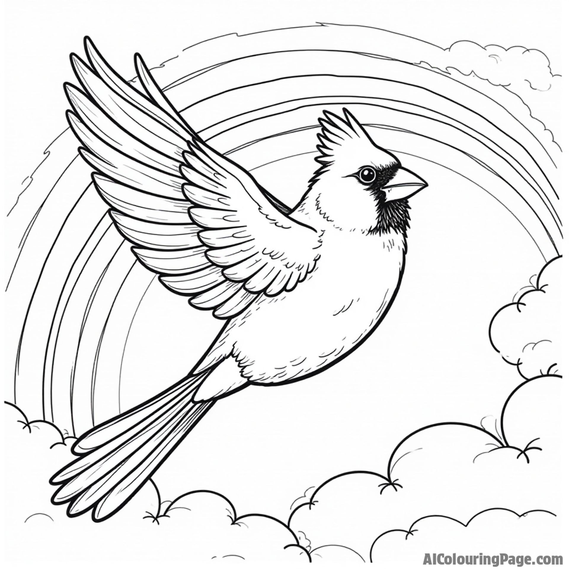 A cardinal flying through the air with a rainbow in the background, surrounded by fluffy clouds for imaginative coloring.