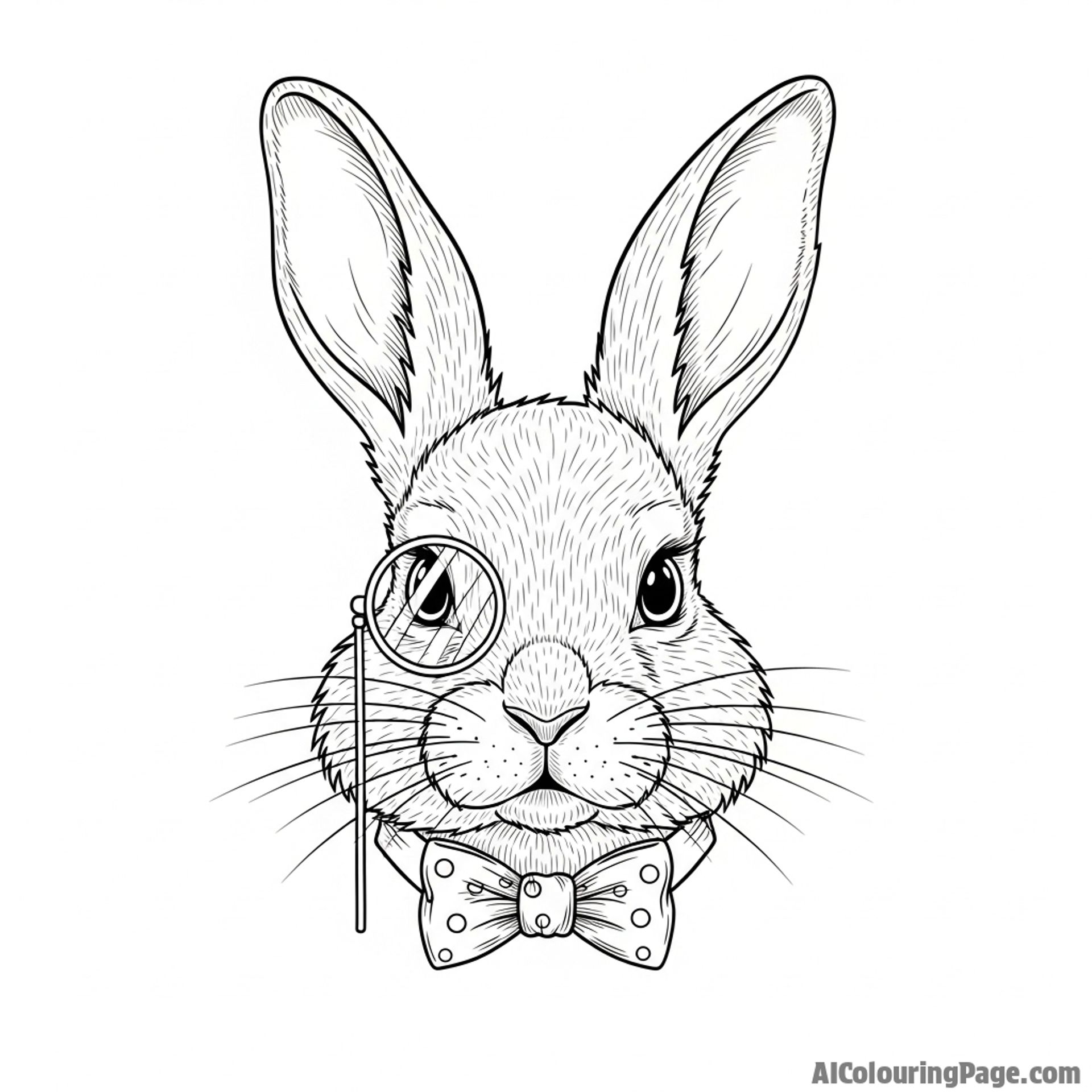 A vintage photograph-style portrait of a serious-looking bunny wearing a monocle and a bow tie.