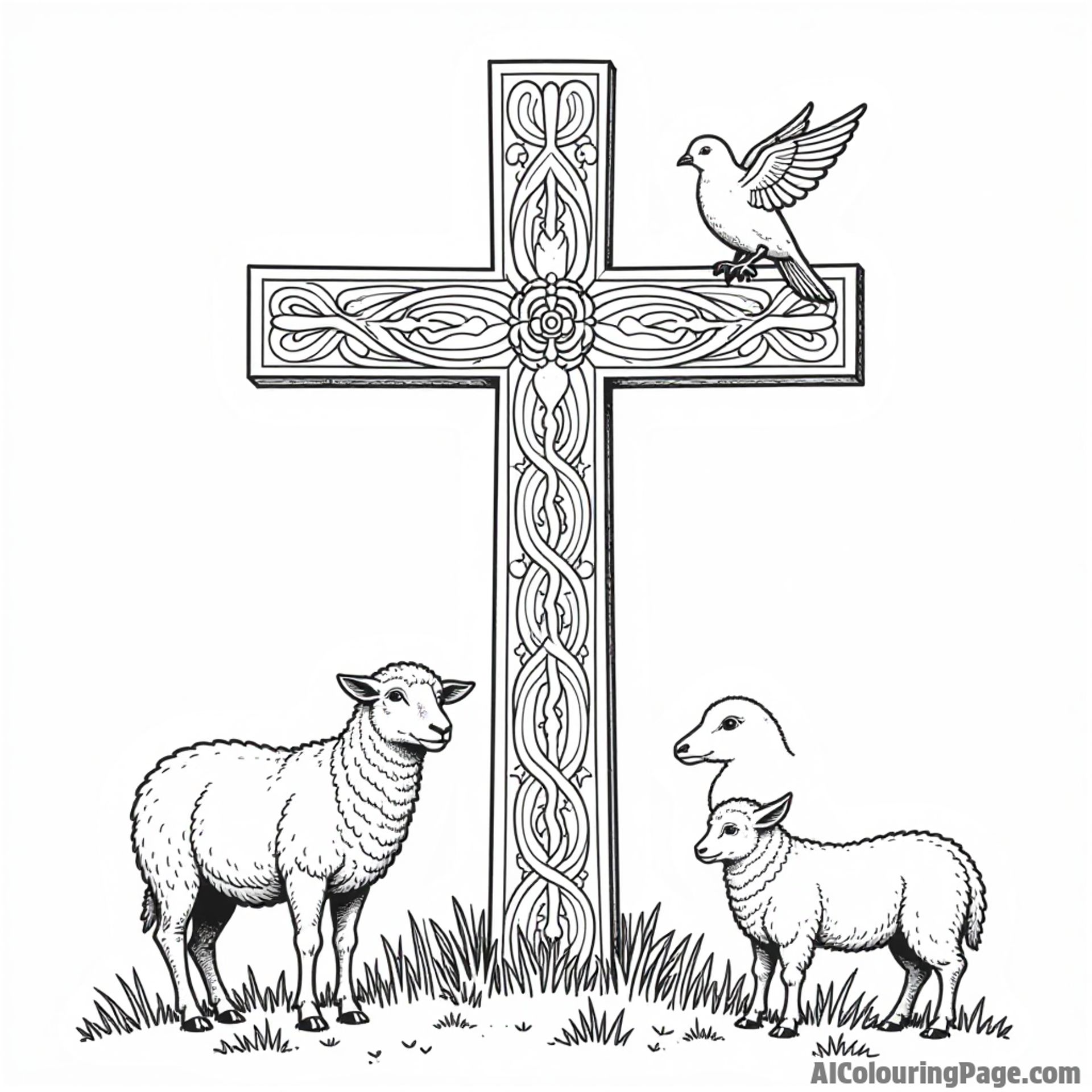 A large cross with intricate designs, surrounded by peaceful animals like sheep and doves, perfect for detailed coloring fun.