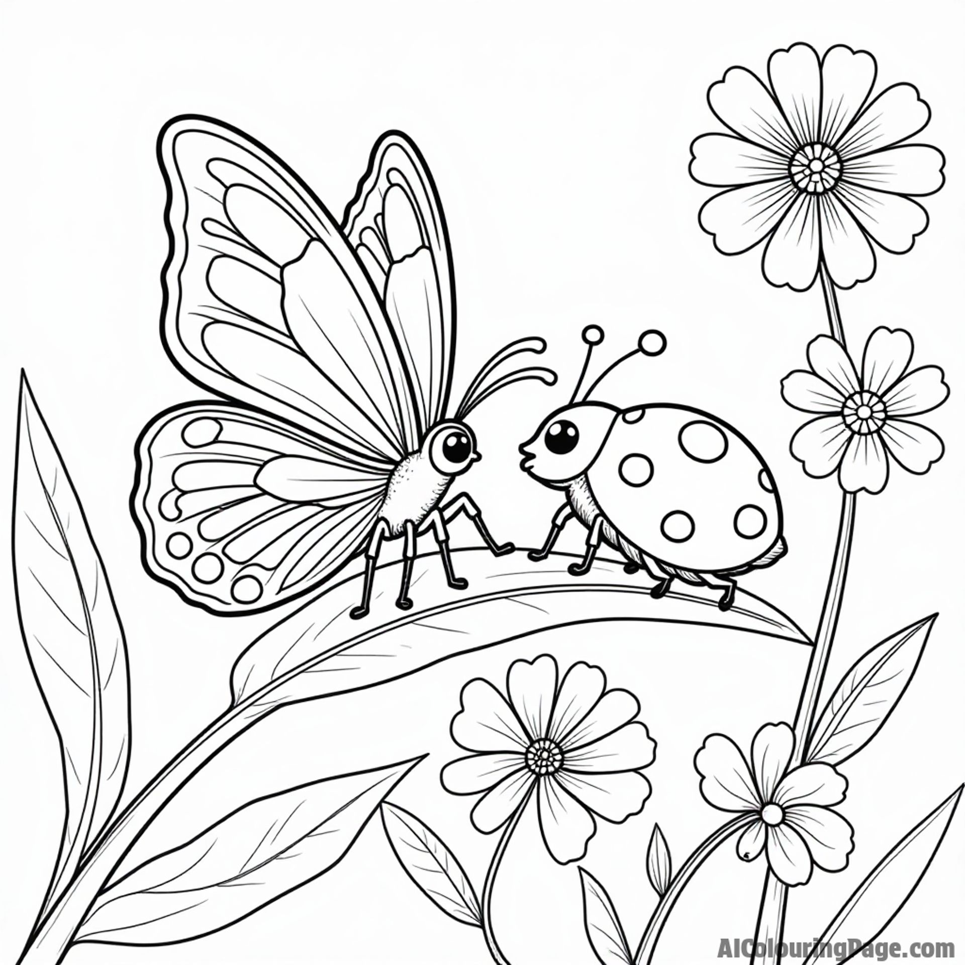 A butterfly and a ladybug sharing secrets on a leaf, with flowers blossoming around them for kids to color.