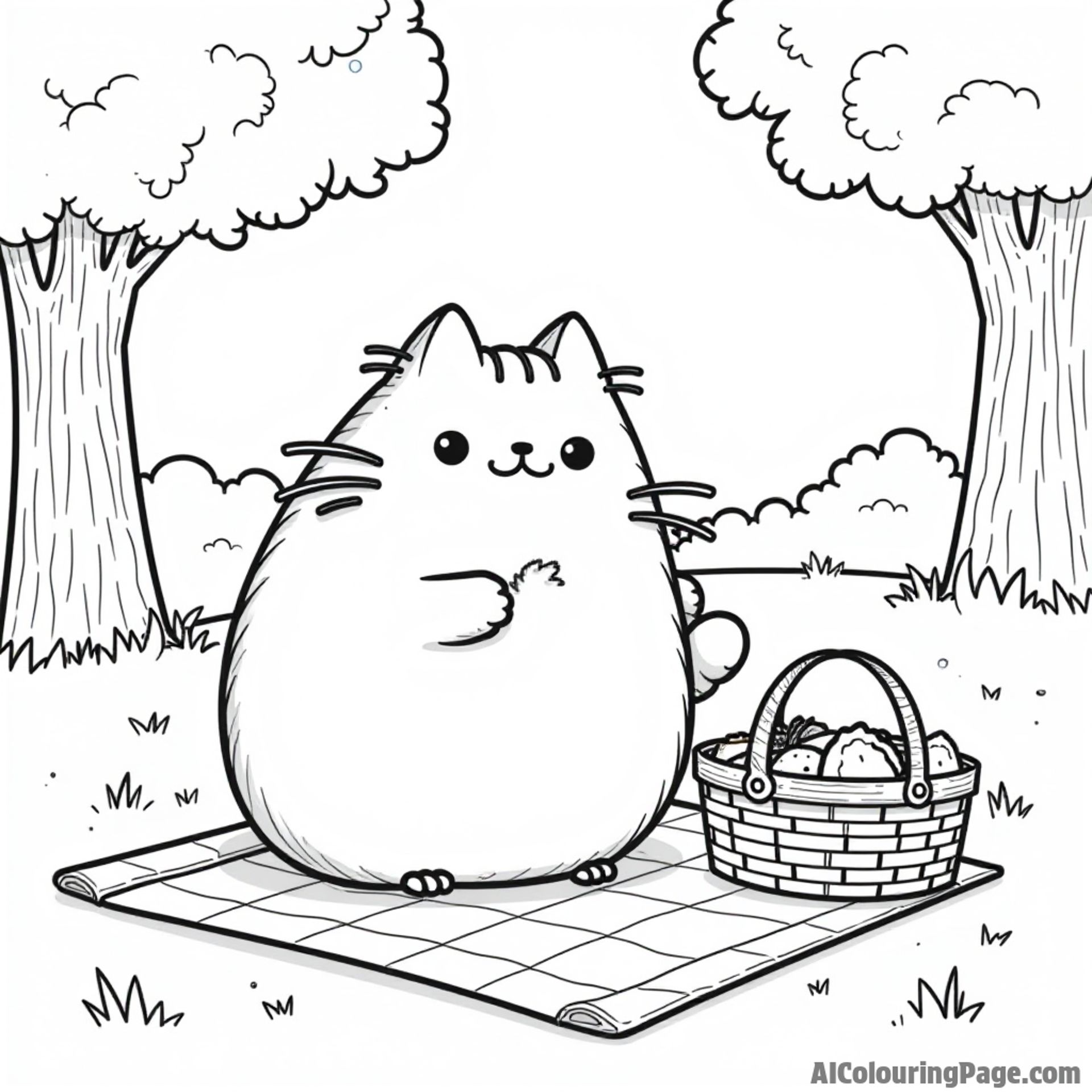Pusheen having a picnic in a park with a picnic basket, sandwiches, and a blanket spread out on the grass