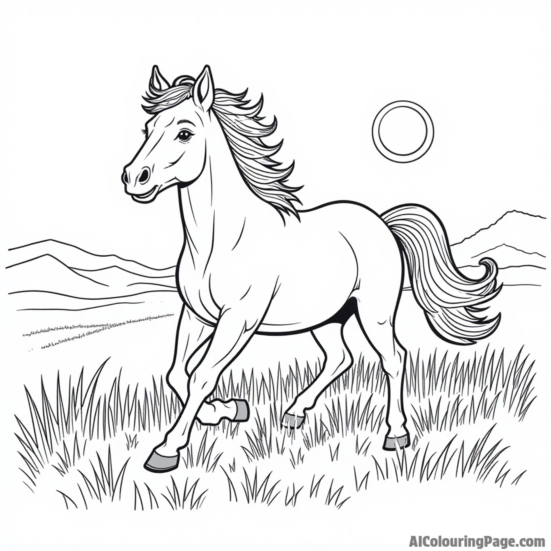 A pony galloping through a field of tall grass with a sunset casting a warm glow over the landscape.