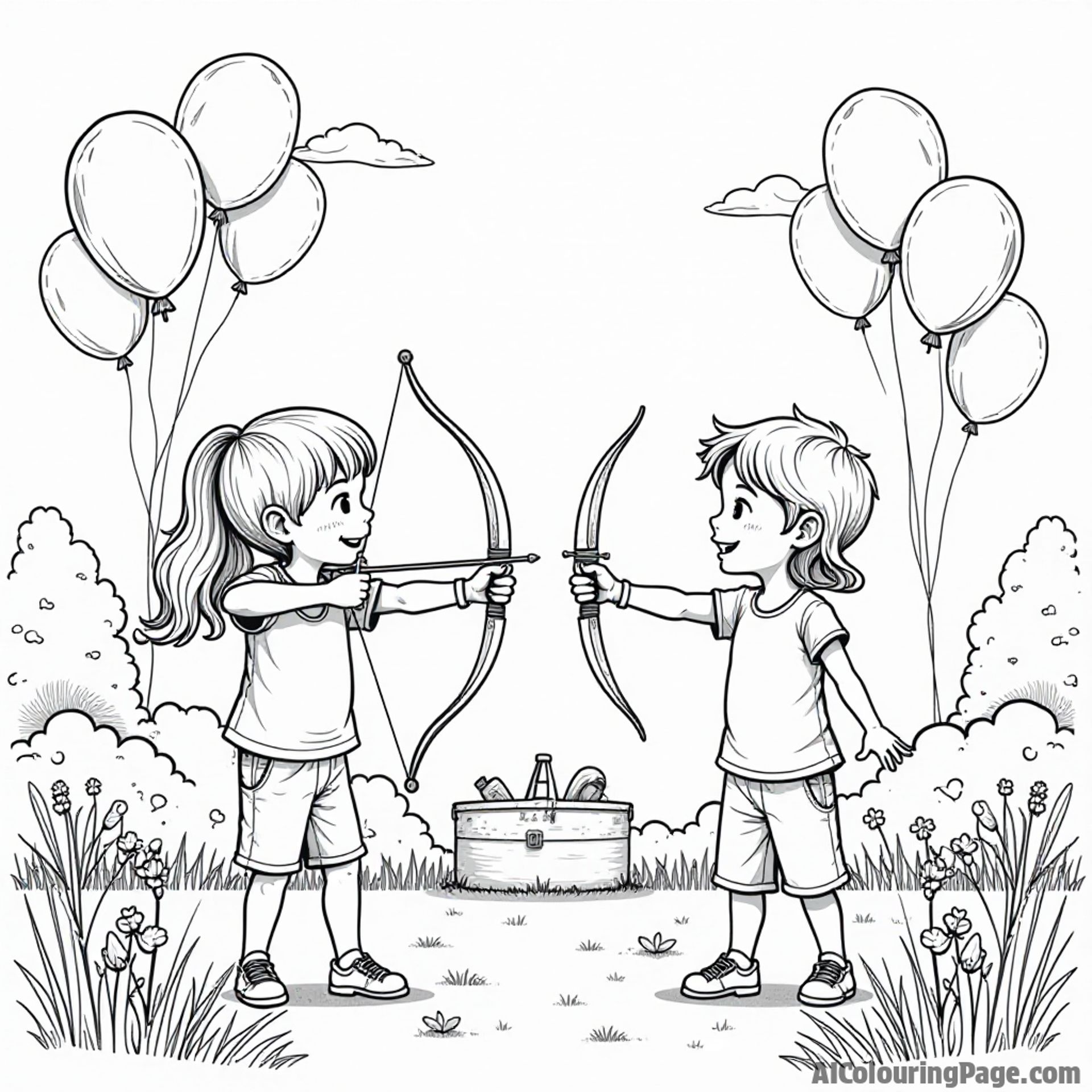 A young boy and girl having a friendly archery competition, with colorful balloons floating in the sky and a vibrant picnic set up nearby, celebrating friendship and outdoor activities.