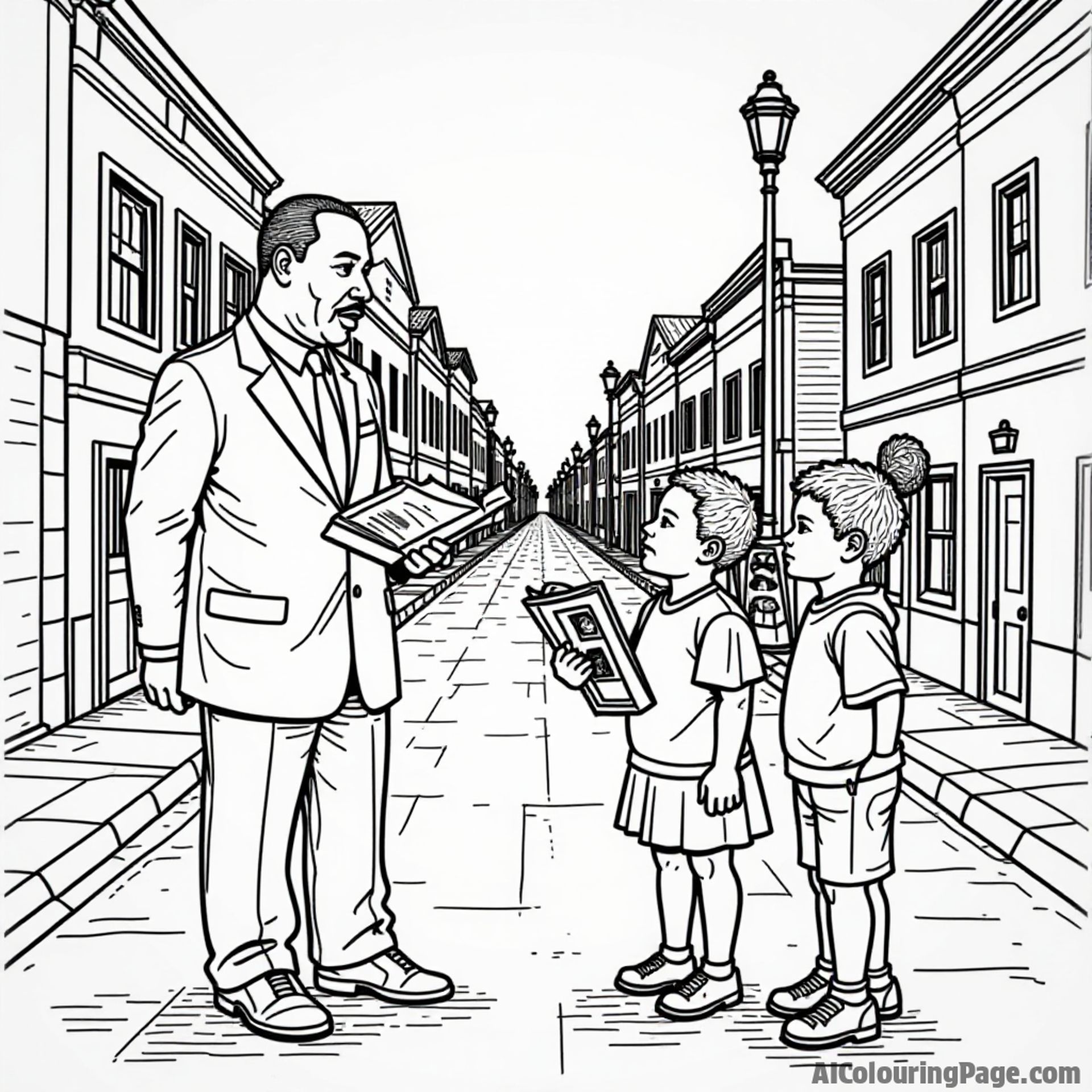 A vibrant street scene where Martin Luther King Jr. interacts with children, sharing stories, with colorful buildings in the background, outlined for children to fill with color.