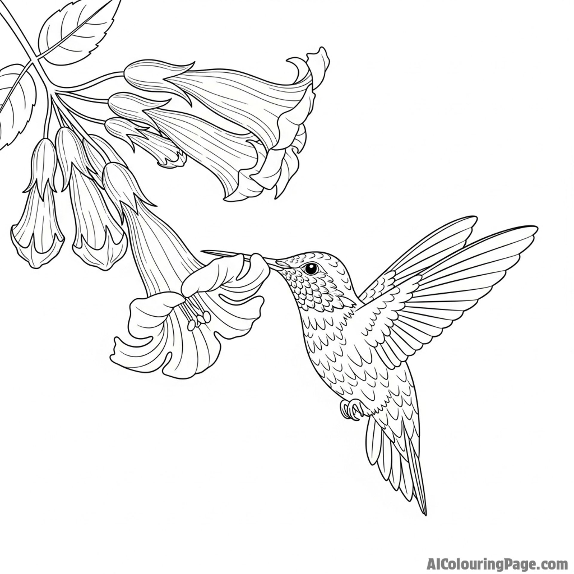 A hummingbird feeding from a trumpet vine flower.