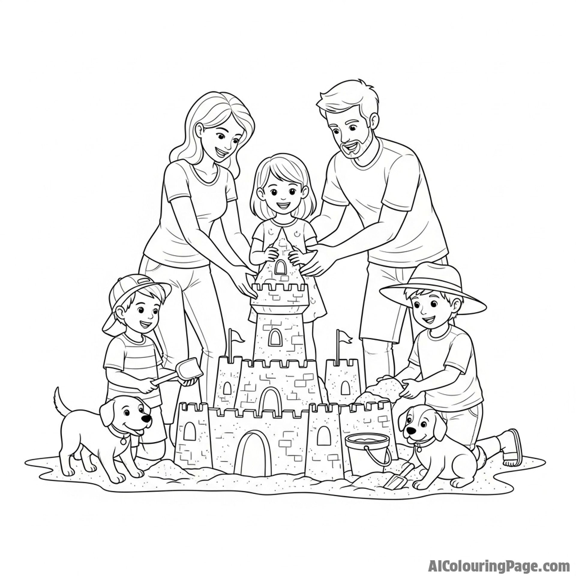 A family building a sandcastle on the beach.