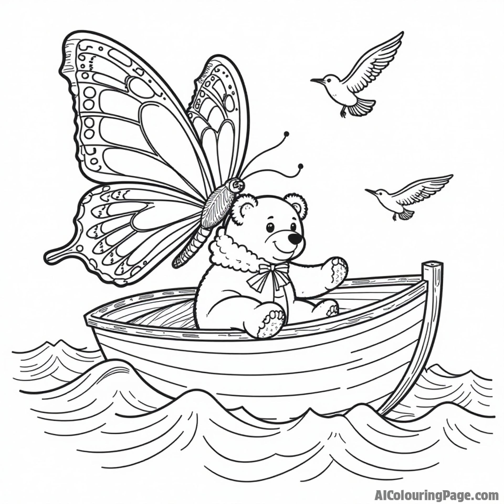 A butterfly sailing on a boat with a teddy bear, surrounded by waves and seagulls, creating a fun coloring adventure.