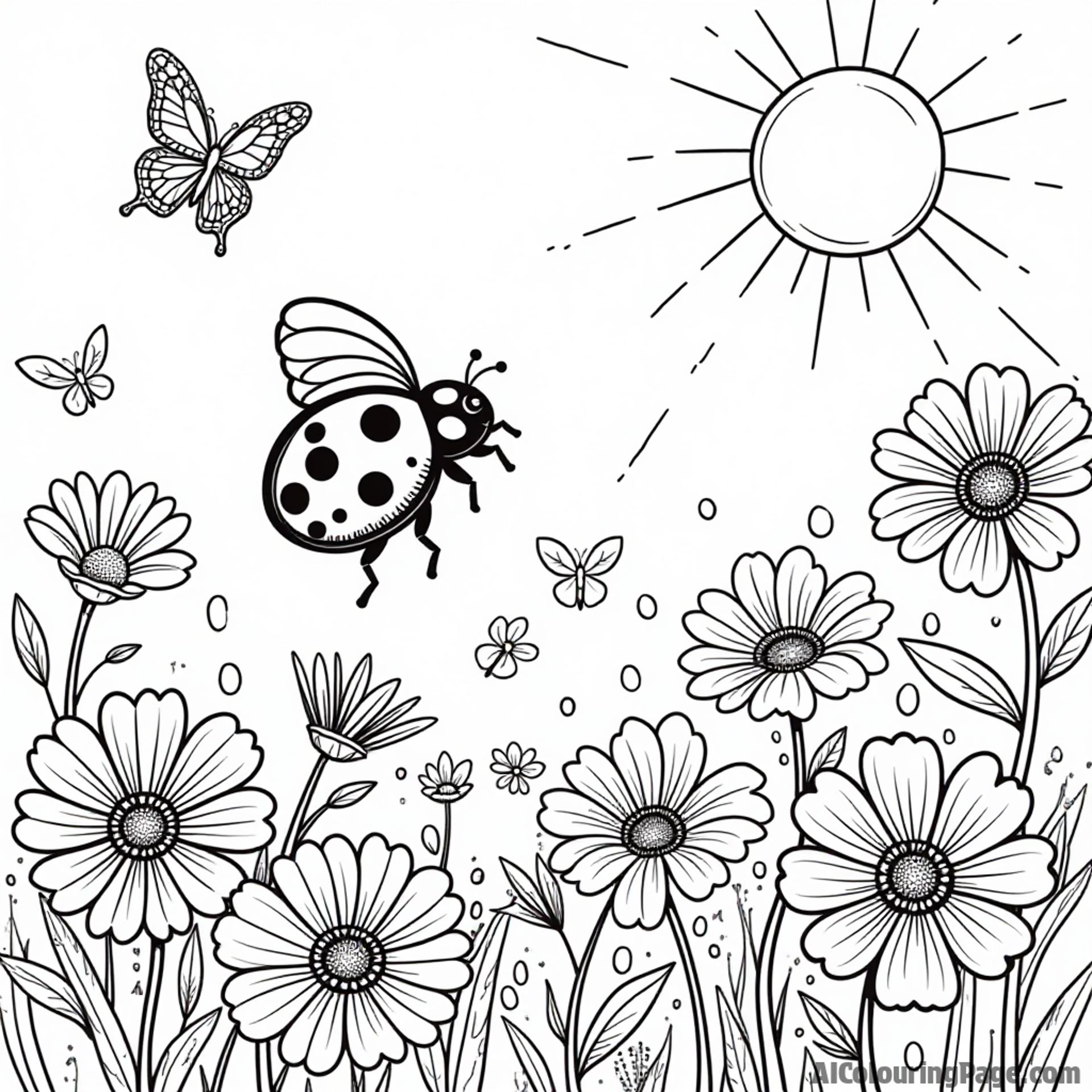A ladybug flying through a colorful flower garden, with butterflies swirling around and a bright sun shining above.