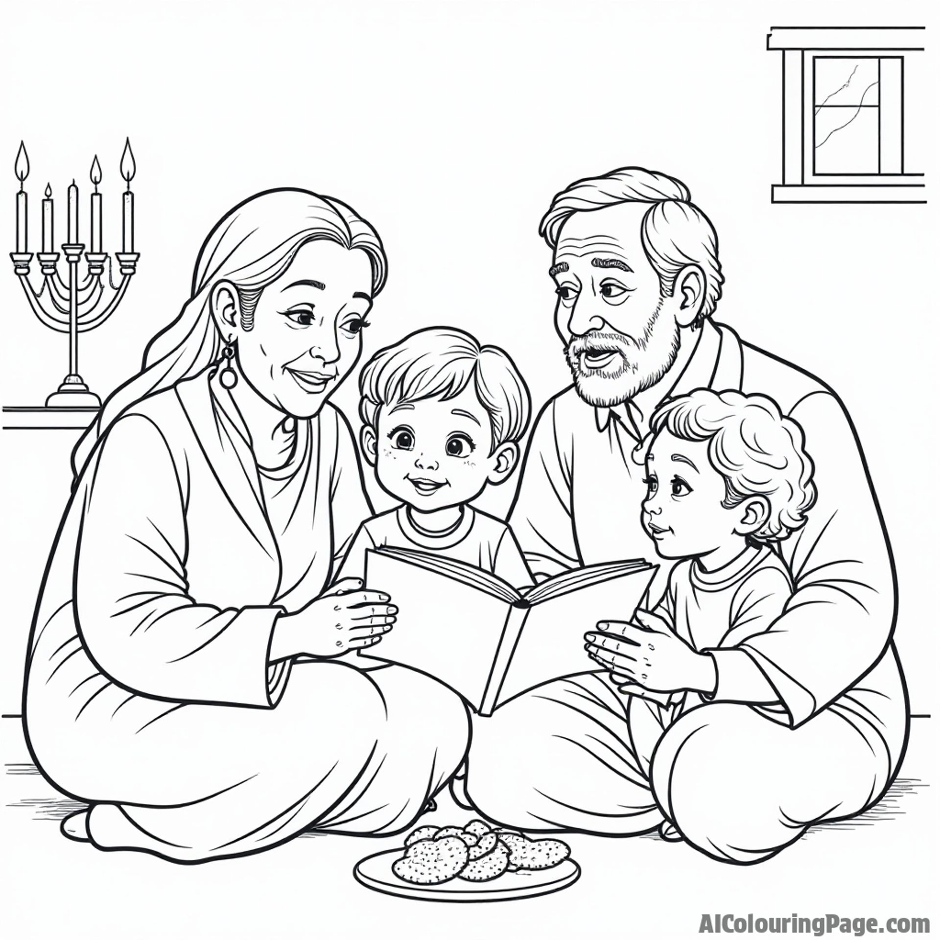 A warm family scene with grandparents sharing stories, a menorah lit in the background, and children listening eagerly, illustrating the importance of family during Hanukkah for kids to color.