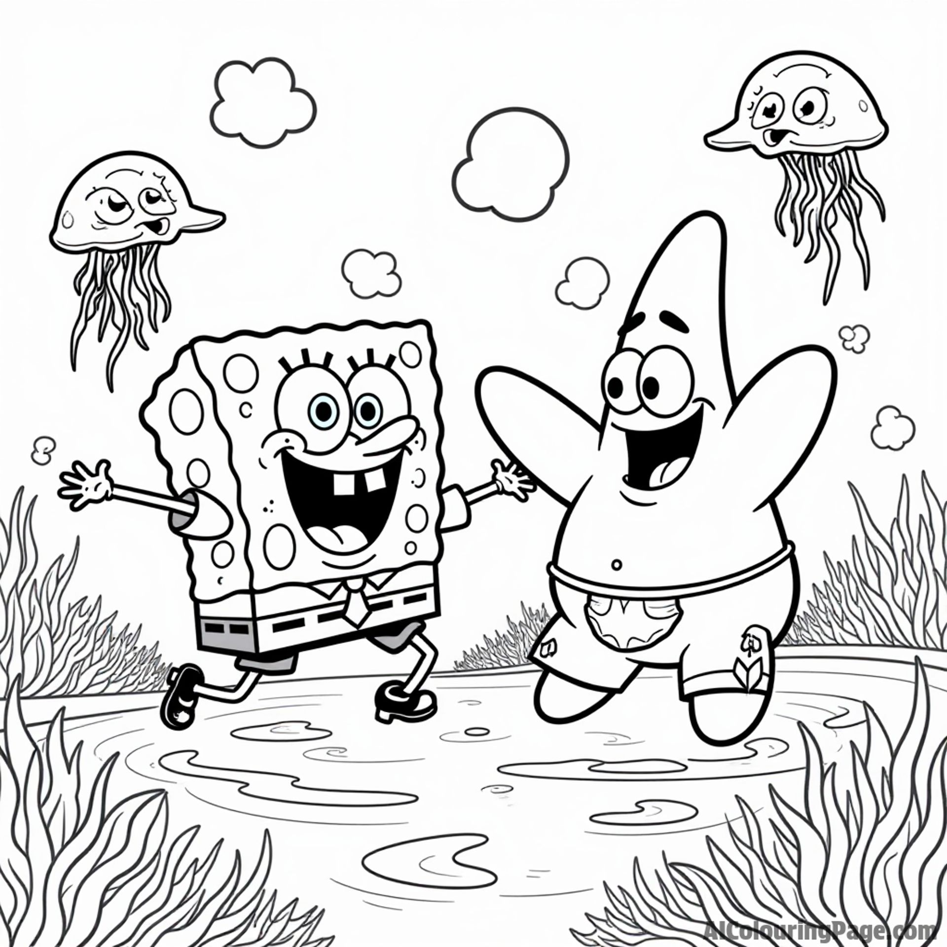 SpongeBob and Patrick having a friendly race on jellyfish in Jellyfish Fields with cheering jellyfish floating around