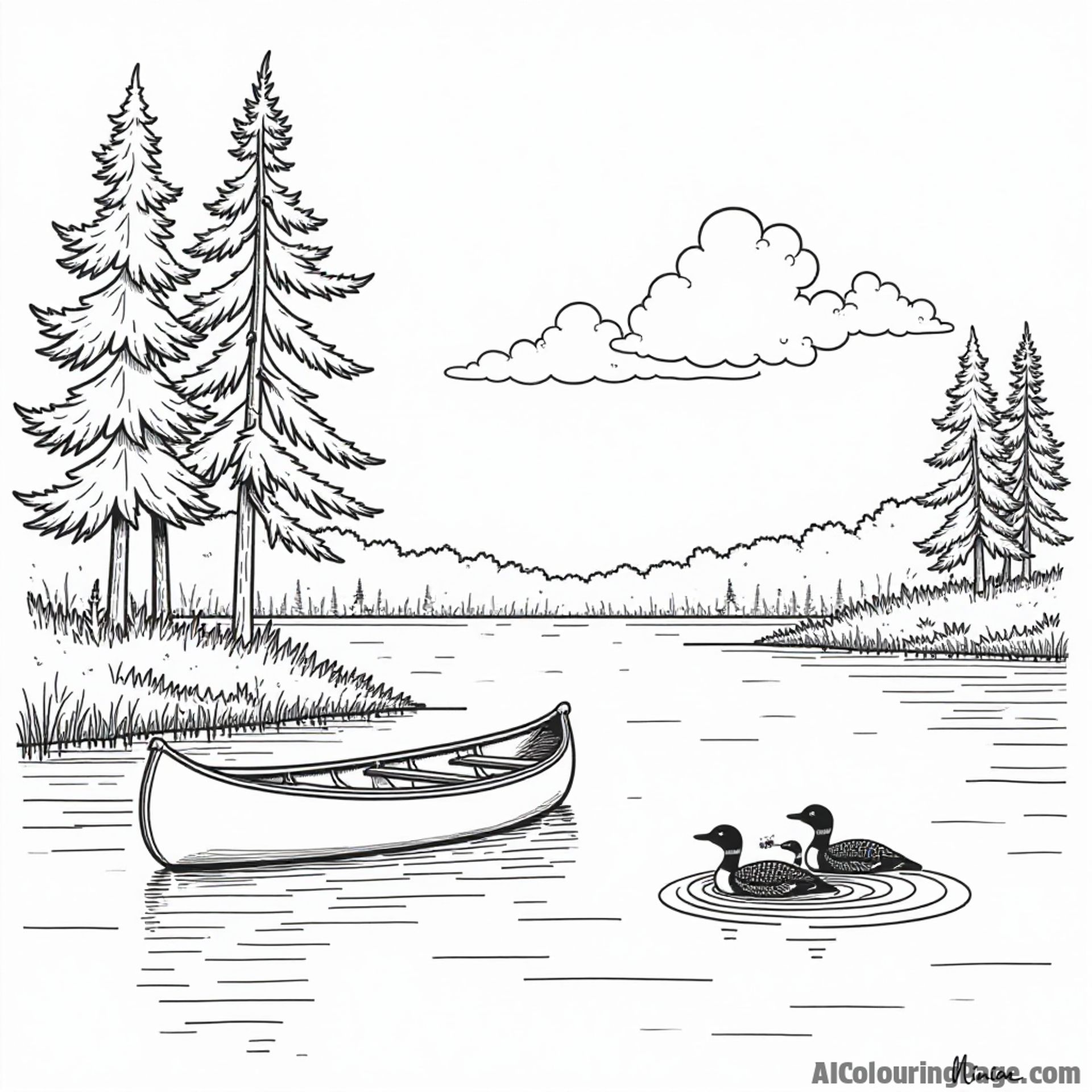A peaceful Minnesota lake scene with a canoe, tall pine trees, and a family of loons swimming in the water.