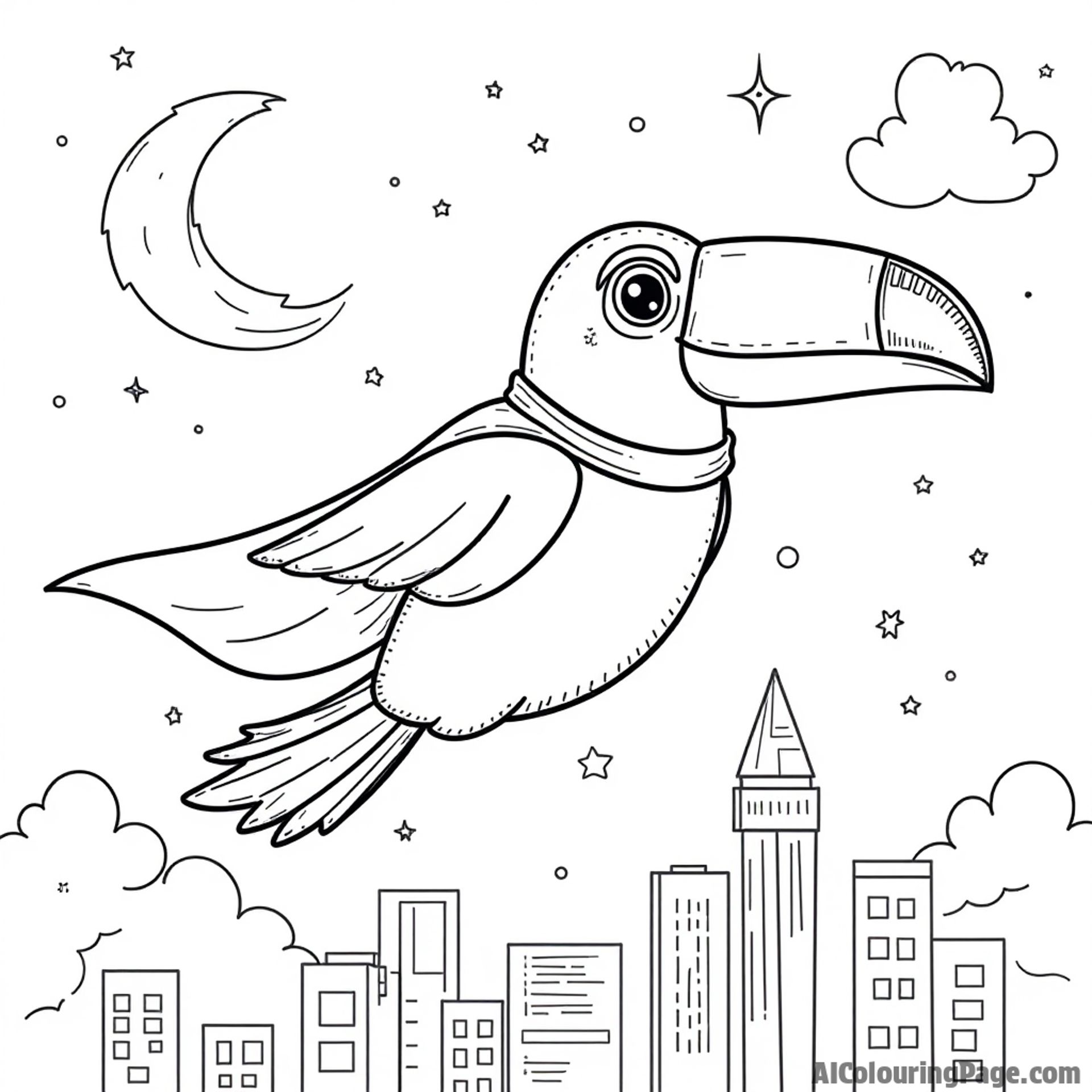 A toucan wearing a superhero cape flying over a cityscape with clouds and stars in the night sky for children.