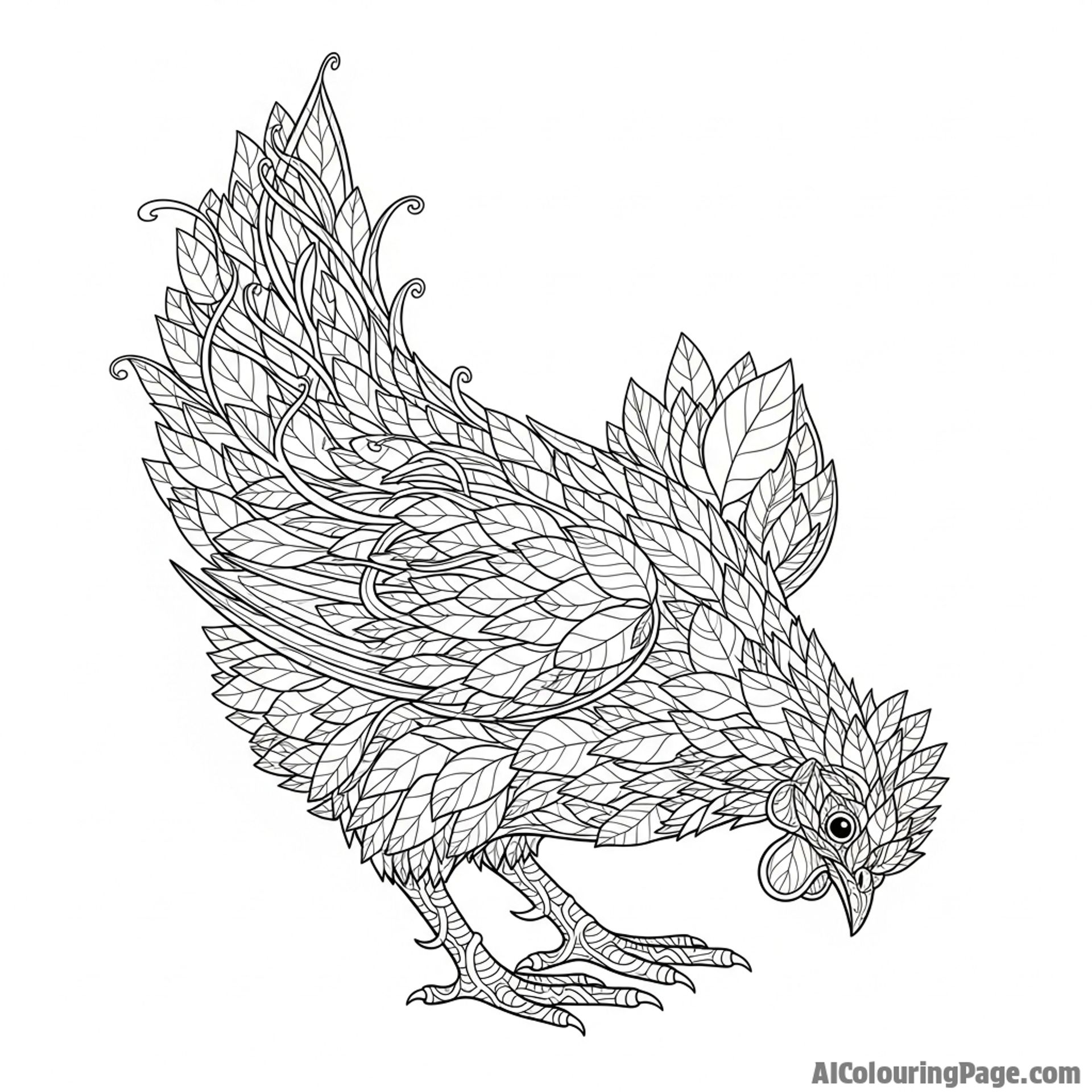 A chicken made of interwoven vines and leaves.
