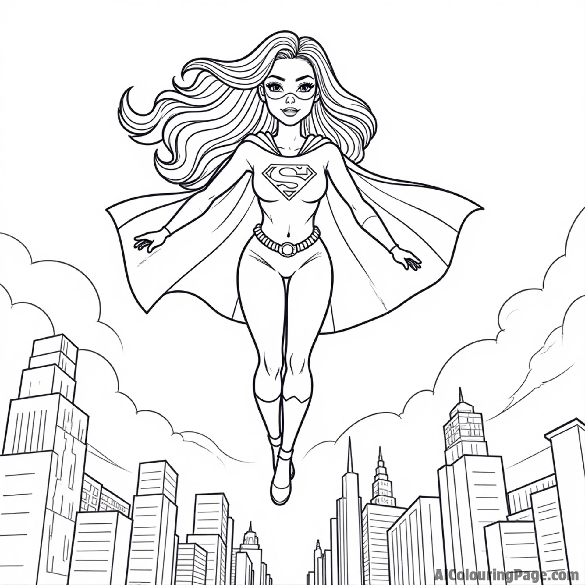 Barbie as a superhero flying above a city skyline, wearing a cape and mask, with a determined look on her face.