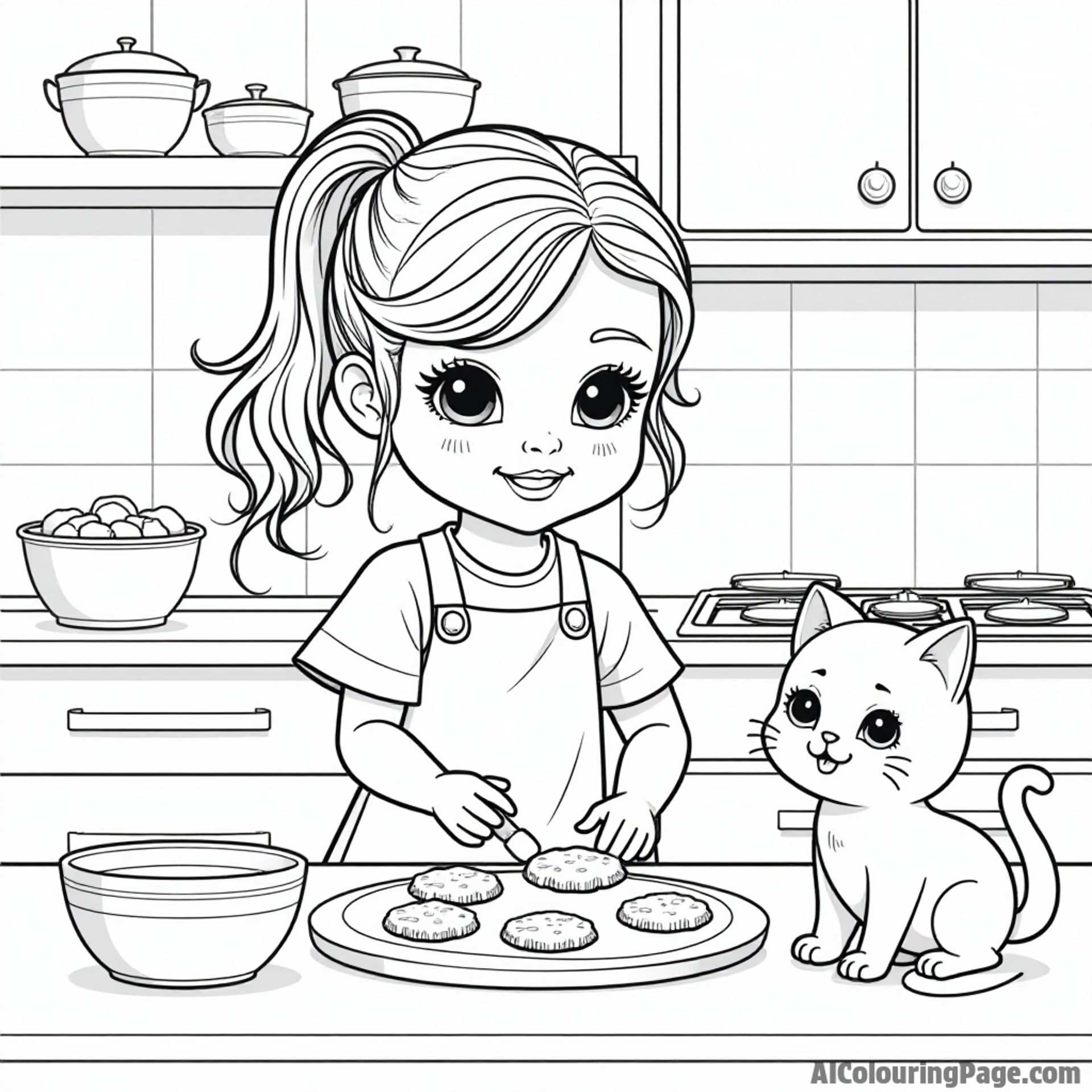 A doll baking cookies in a cozy kitchen, surrounded by bowls, cookie cutters, and a cheerful cat watching nearby.