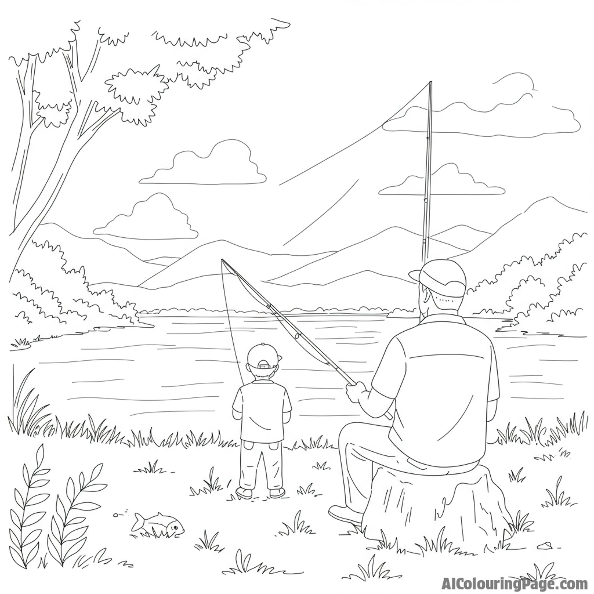 Father and child fishing, serene lake in the distance.