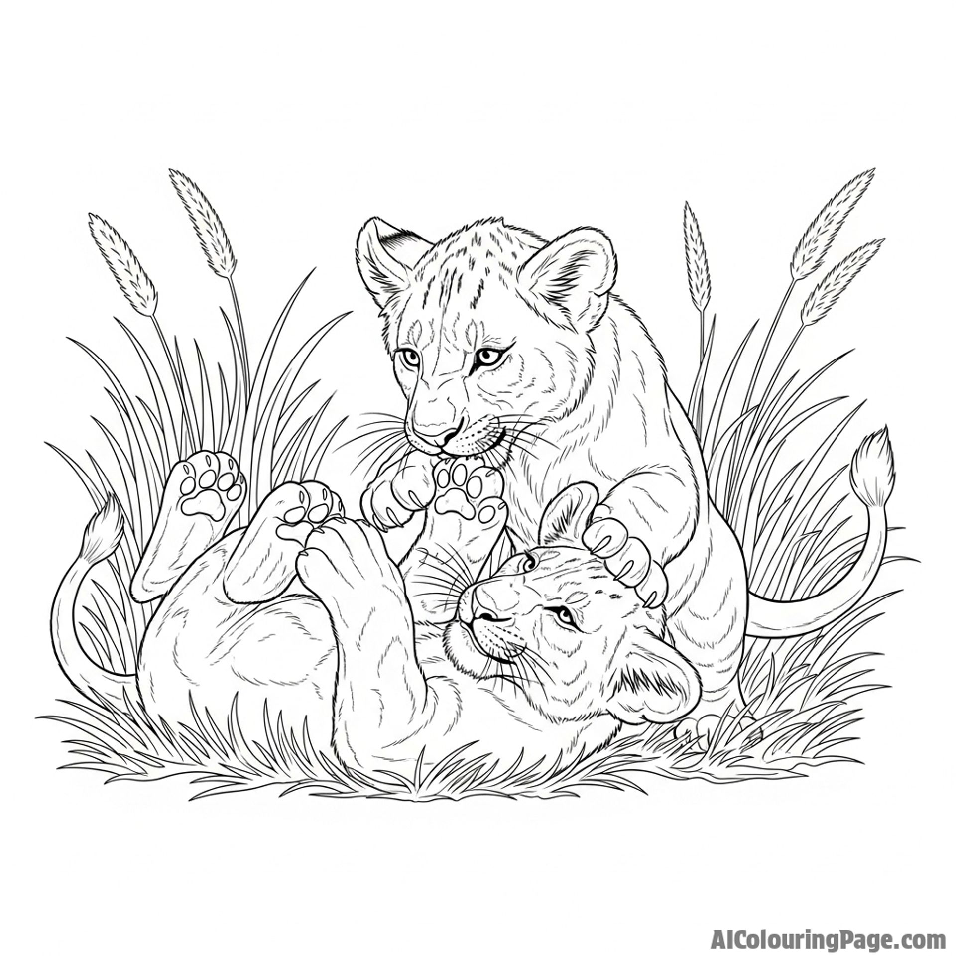 Two young lion cubs playfully wrestling in tall, dry grass.