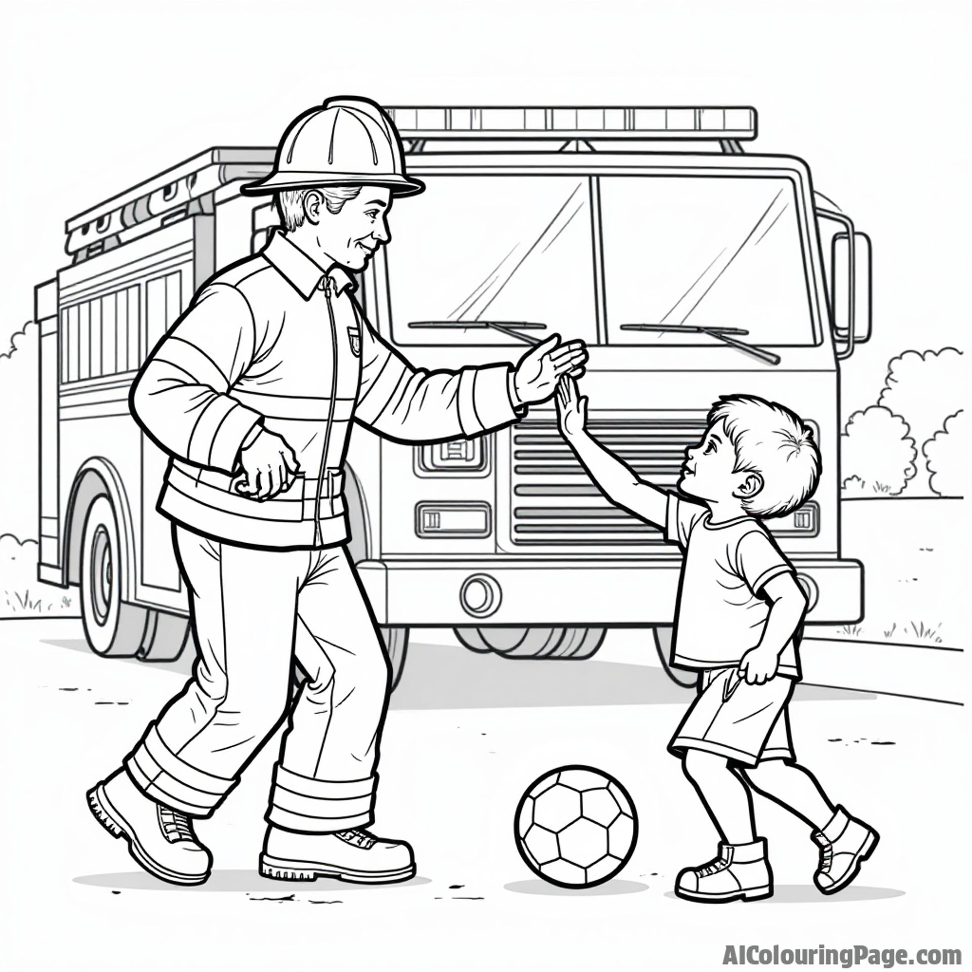 A firefighter high-fiving children after a fire drill, with a fire truck in the background and a soccer ball at their feet, fostering teamwork and fun in coloring.
