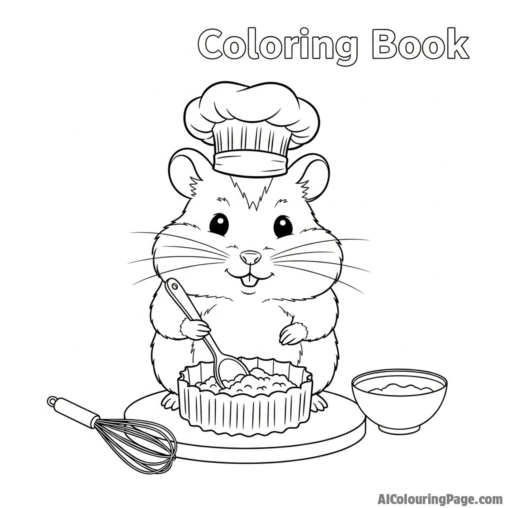 A hamster as a tiny chef, wearing a toque and mixing ingredients in a bottle cap
