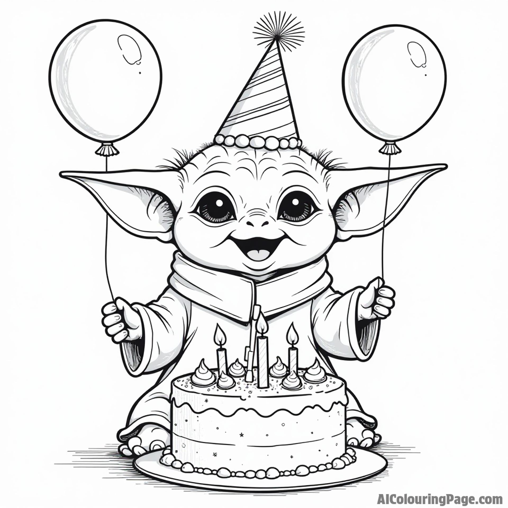 Baby Yoda having fun at a birthday party with hats, cake, and balloons