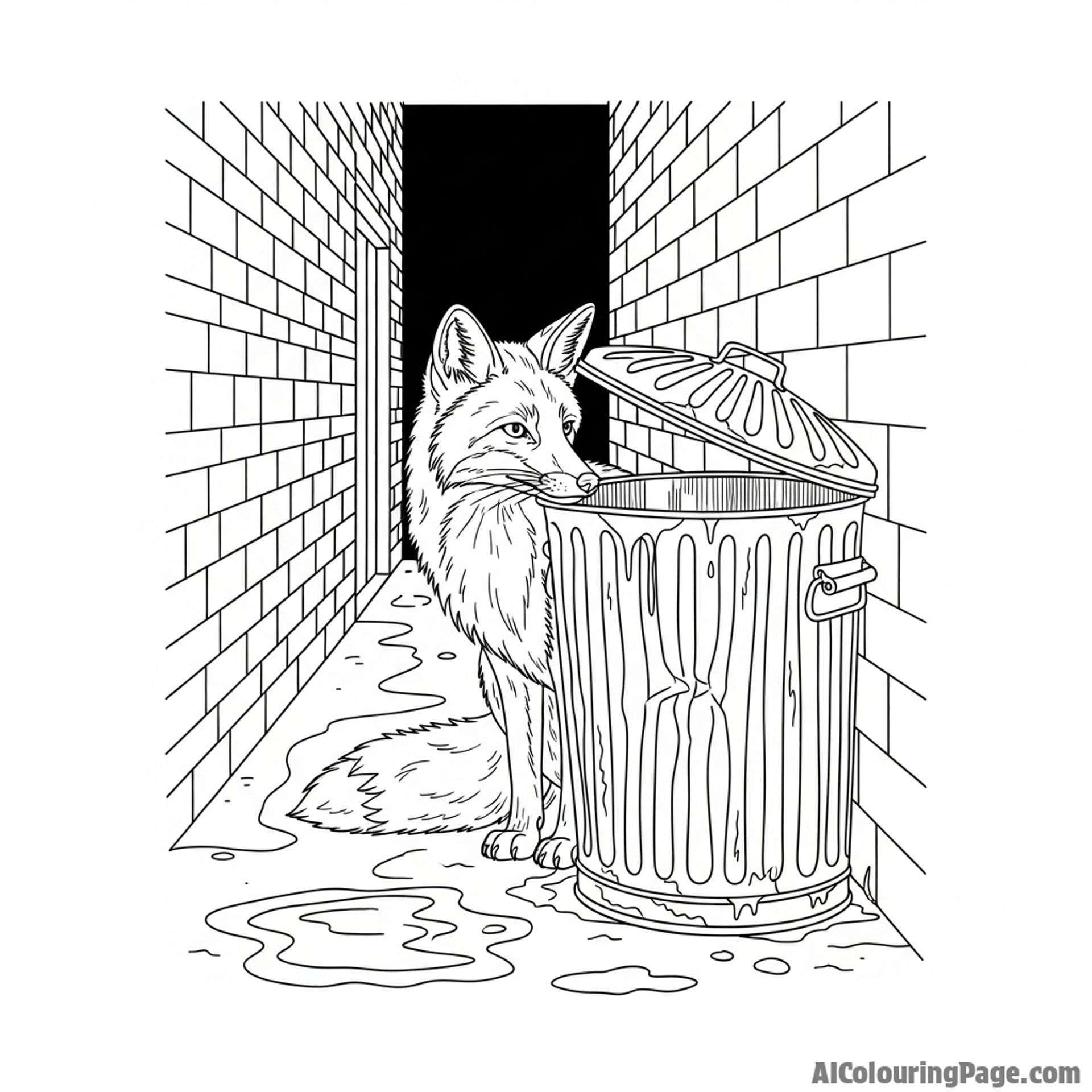 An urban fox cautiously peering from behind a trash can in a wet alleyway.